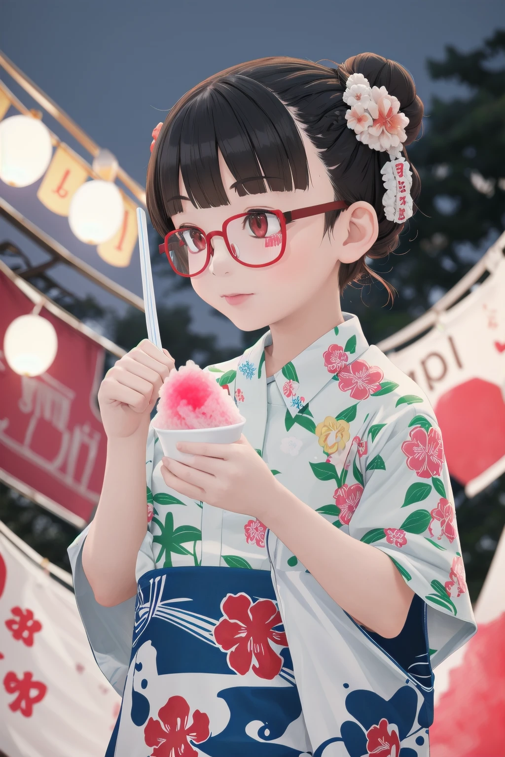 masterpiece, best quality, very aesthetic, absurdres,
1girl, solo, glasses, black hair, short hair, hair bun, hair ornament, braid, yukata, floral print,
holding spoon, holding, holding food, kakikoori_red, shaved ice, food, spoon, outdoors, blurry background, night, summer, paper lantern, 
<lora:kakikoori_SD15_V2:1>