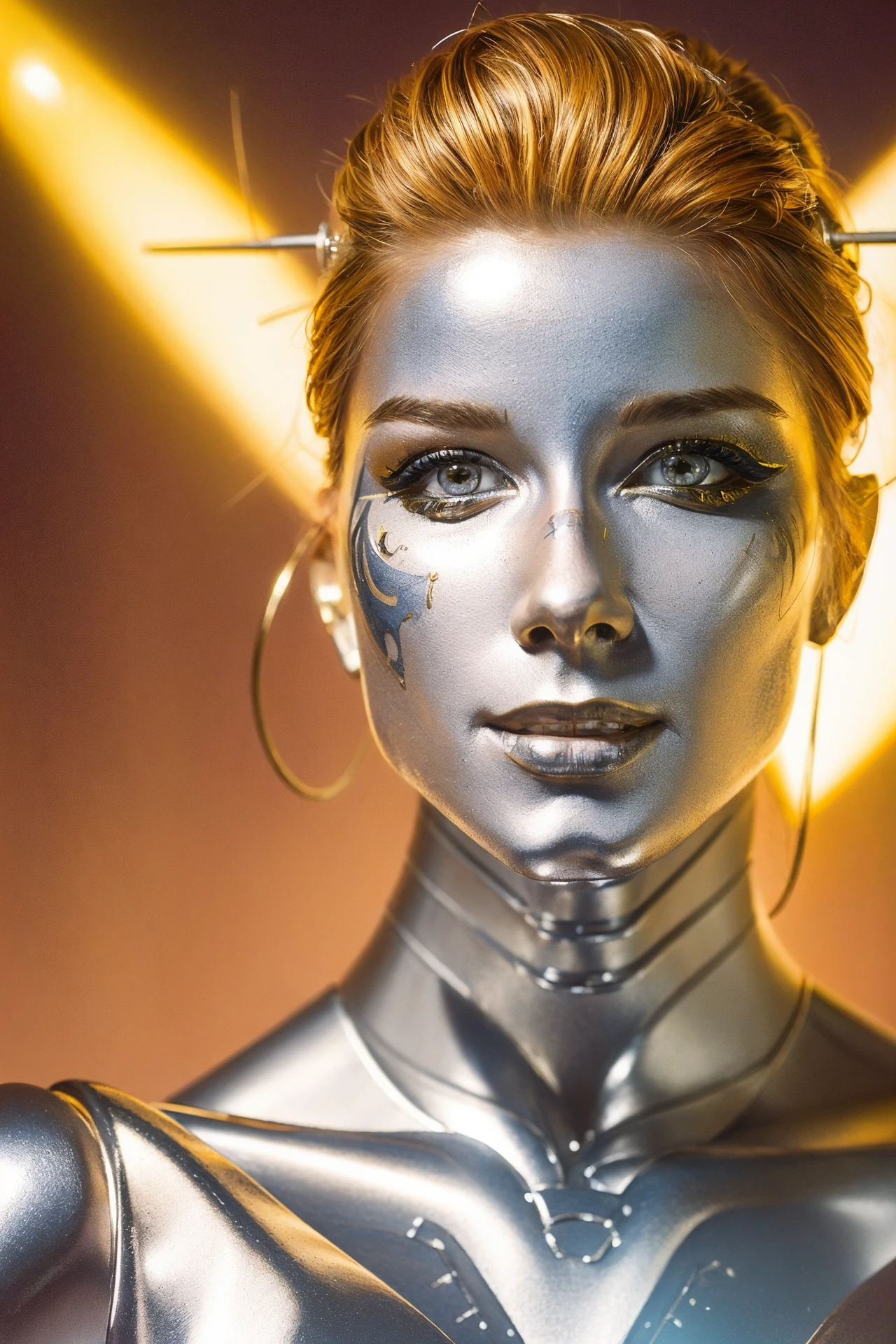 a drawing of a woman with a face painted in yellow, hajime sorayama designed girl, metal robots, portrait of beauty woman, cyborg merchant woman, promotional image, with sleek silver metal armor, 1970s female alive, with robotic parts on his face, beautiful frankenstein, donoto giancola
<lora:Hajime_Sorayama_Robot_ArtStyle_640x960:0.65>
<lora:Anastasia_Zhilina_v2_640x960:0.8>