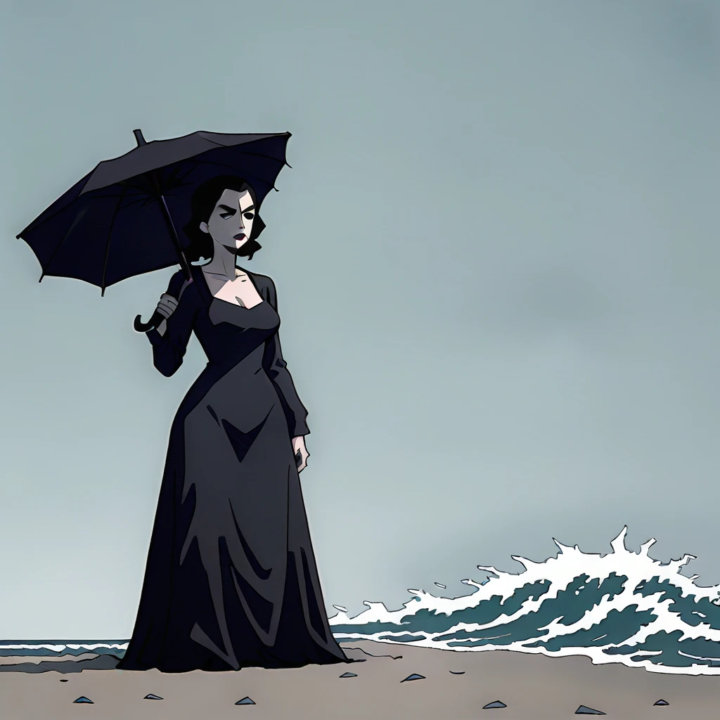 holding umbrella, s_darkcore style, lady on the beach, black dress, sand, stormy weather, big waves, 1girl, solo