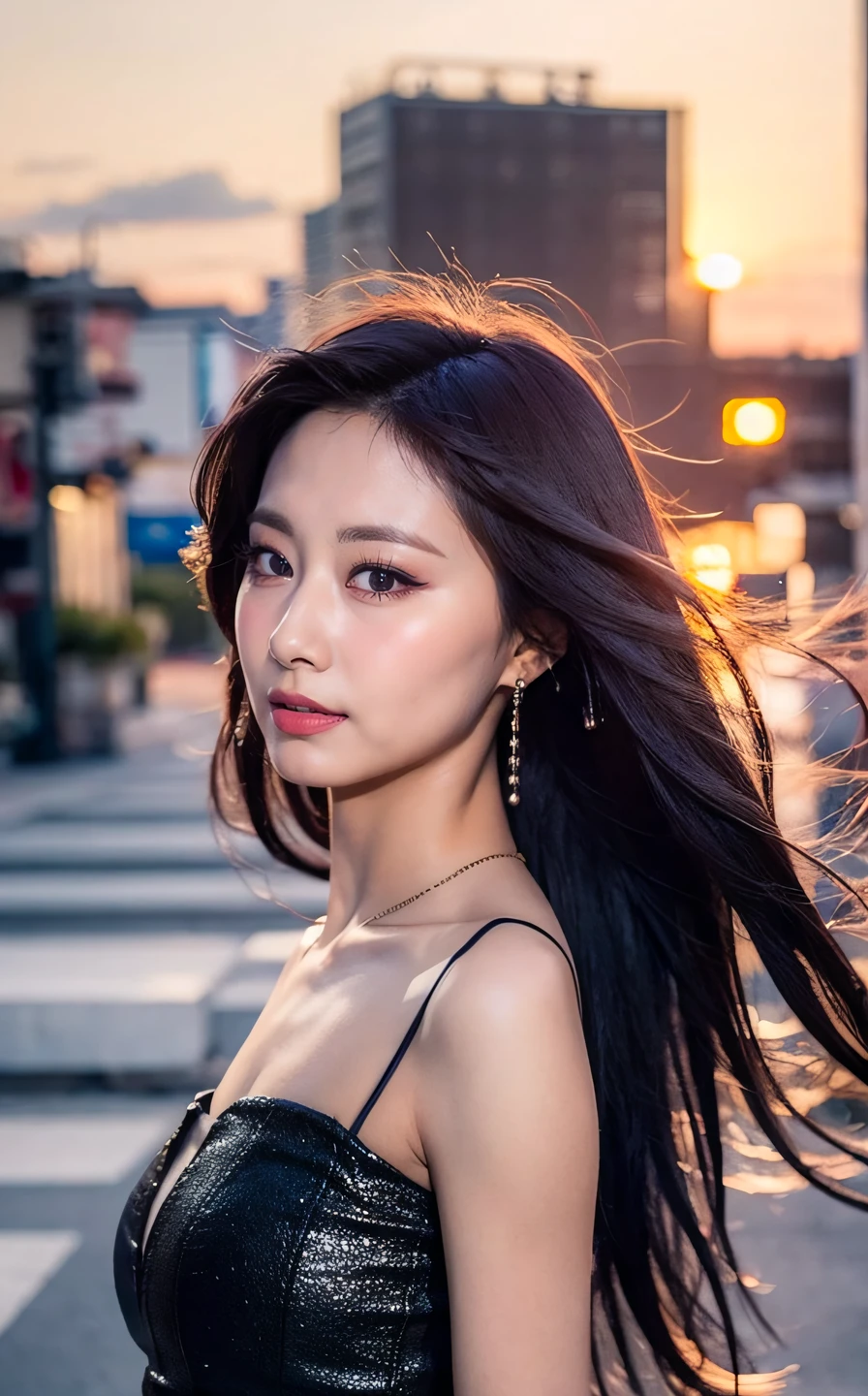 <lora:Tzuyu_V1:1> TzuYu,,,, (realistic), (hyperrealism), (photorealistic:1.4), 1girl, looking at the viewer, eye makeup, detailed eyes, detailed face, (upper body:1.2), detailed background, black dress, walking at the streets, sunset, (windy:1.2)