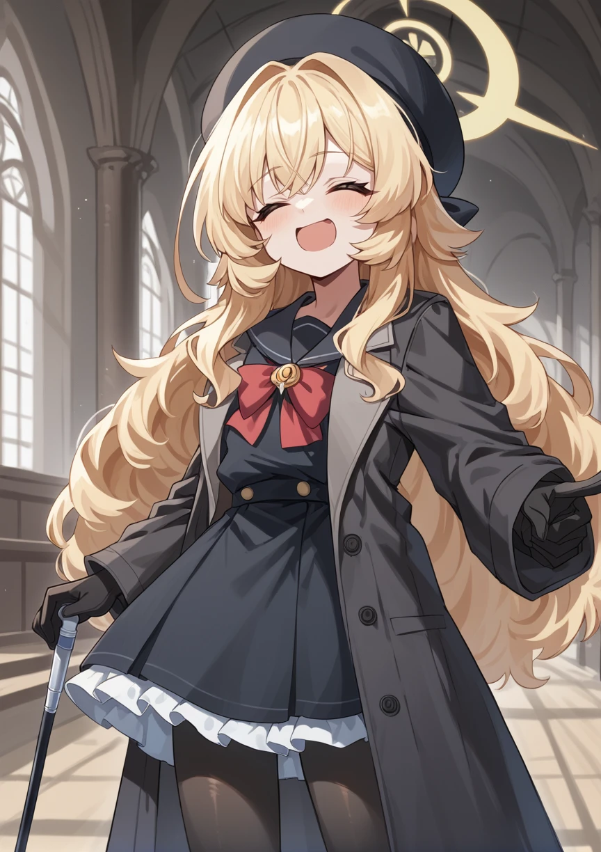 1girl, long hair, messy hair, sidelocks, blonde hair, serafuku, ribbon, brooch, coat, frills, hat, gloves, pantyhose, holding cane, halo, closed eyes, chestnut mouth, smug, open mouth, pointing up, indoors, mansion, cowboy shot <lora:Professor_Niyaniya:0.8>, score_9, score_8_up, score_7_up, score_6_up, score_5_up, score_4_up, BREAK source_anime, masterpiece