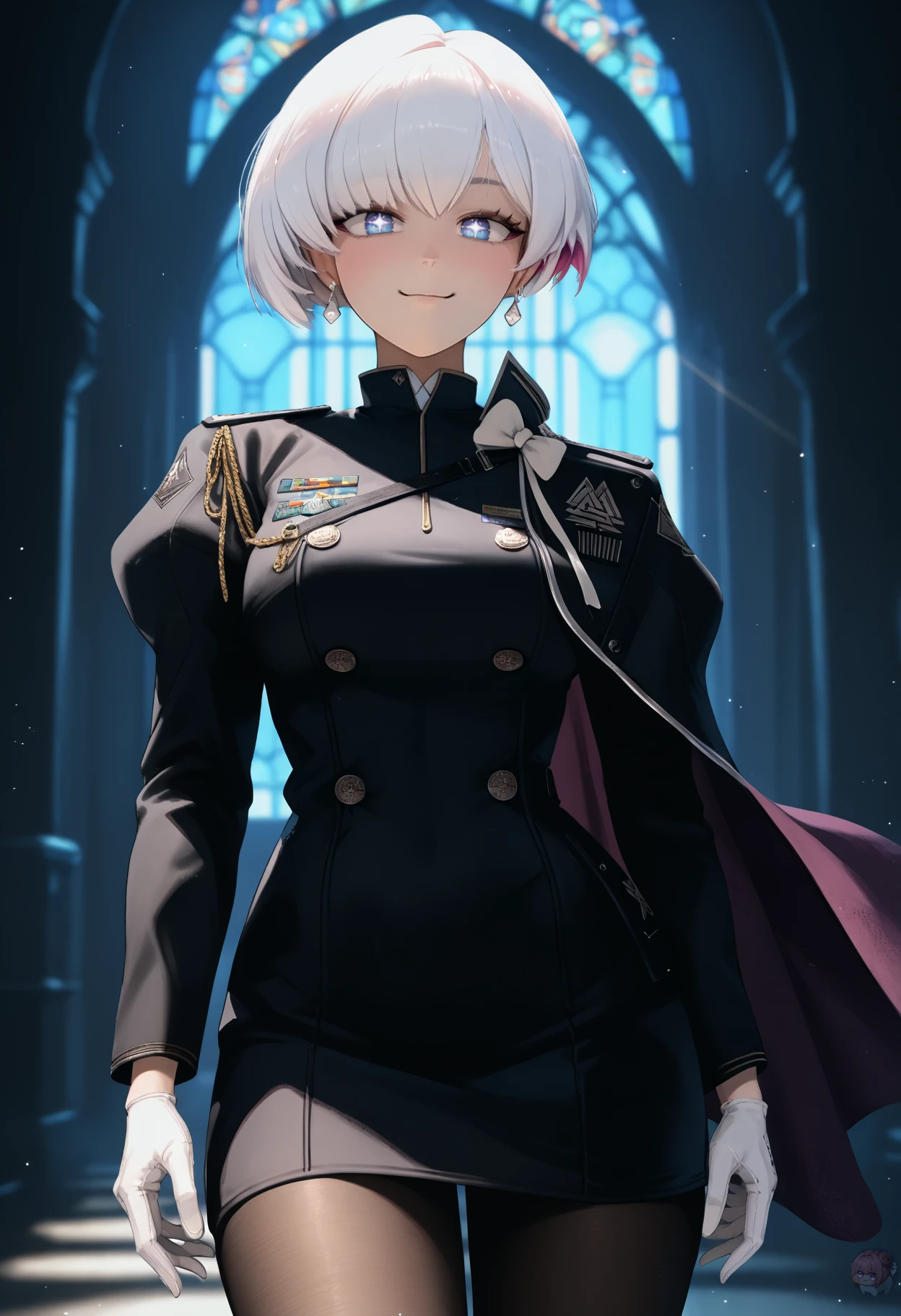 <lora:liliweiss_nikke_xypher_pdxl_v1:1> score_9, score_8_up , score_7_up BREAK source_anime, liliweissx, white hair, short hair, colored inner hair,  blue eyes, symbol-shaped pupils, earrings, military uniform, long sleeves, black dress, pencil skirt, side cape, white bow, black pantyhose, [white gloves:4], soft particles, god rays, bokeh, smile, closed mouth