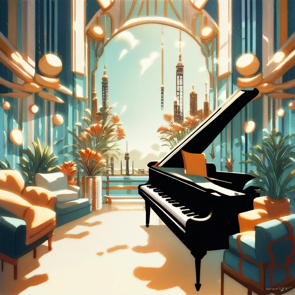 END_ArtDeco_Inspo, a painting of a living room with a piano, Art deco style, 1920s architecture   BREAK score_9, score_8_up, score_7_up, score_6_up,