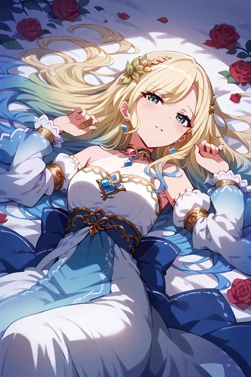 score_9, score_8_up, score_7_up, score_6_up, 1girl,
 <lora:Fumi_Yumeoji:0.9> fumi, blonde hair, long hair, solo, flower, dress, detached sleeves, lying, multicolored hair, looking at viewer, gradient hair, jewelry, rose, on back, earrings, urd