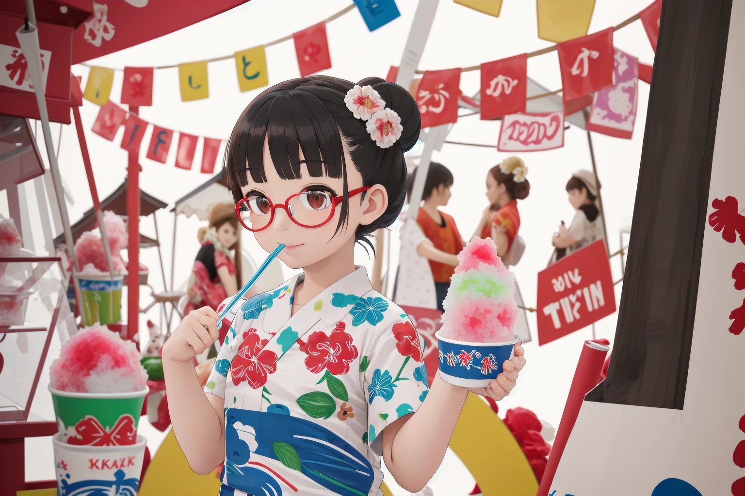 masterpiece, best quality, very aesthetic, absurdres,
1girl, solo, glasses, black hair, short hair, hair bun, hair ornament, yukata, floral print, 
holding spoon, holding, holding food, kakikoori_red, shaved ice, cup, food, spoon, outdoors, yatai, blurry background, 
<lora:kakikoori_SD15_V2:1>