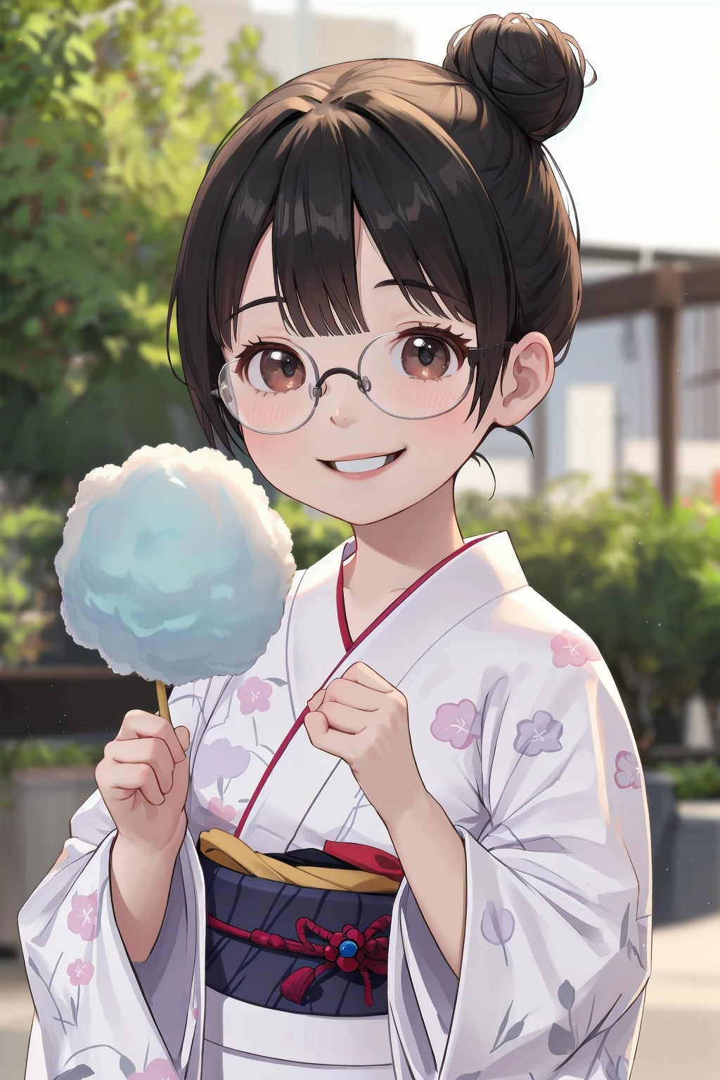 masterpiece, best quality, very aesthetic, absurdres, glasses,
1girl, solo, glasses, black hair, short hair, hair bun, yukata, happy, smile, holding, holding food, upper body, 
holding, holding food, food, cotton candy, outdoors, depth of field, blurry background,
 <lora:wataame_SD15_V1:0.6>