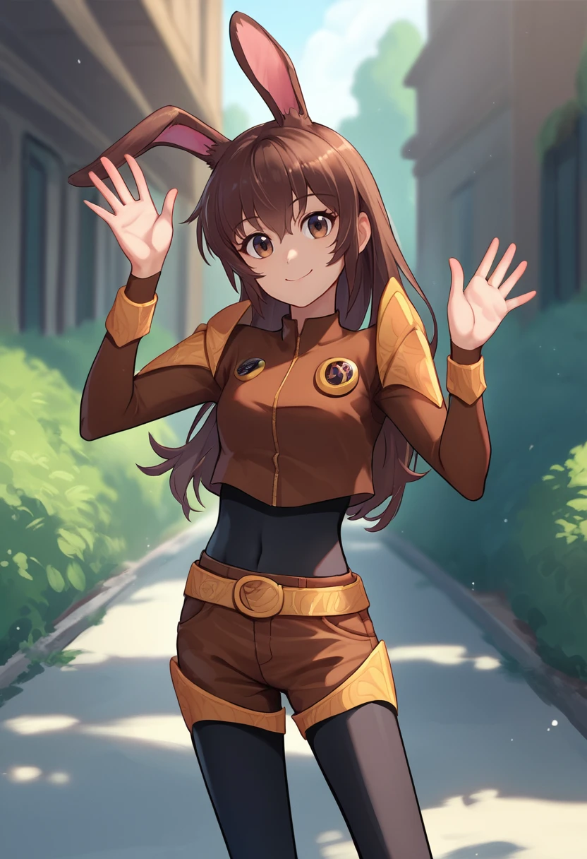 score_9, score_8_up, score_7_up, source_anime, solo, 1girl, velvetscarlatina, smile, looking at viewer, standing, waving, animal ears, brown jacket, cropped jacket, shoulder armor, long sleeves, black bodysuit, bodysuit under clothes, brown shorts, belt, outdoors <lora:rwby_velvetscarlatina_ponyXL:1>