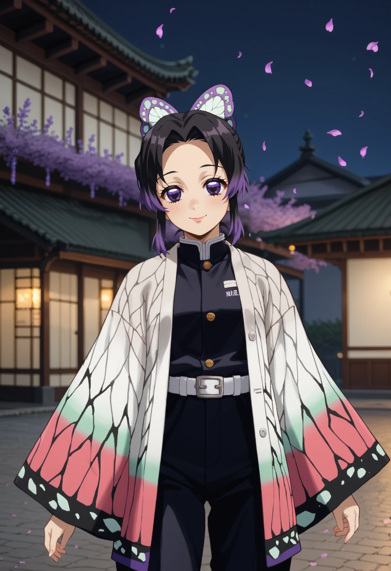 score_9,
<lora:KimetsuNoYaiba_KochouShinobuXL:1>, KochouShinobu,
1girl, solo, closed mouth, smile,
multicolored hair, black  hair, purple hair, empty eyes, purple eyes,  forehead, butterfly hair ornament, lips,
haori, butterfly print, black jacket, wide sleeves, buttons, white belt, puffy pants, black pants, 
standing, looking at viewer, 
outdoors, blurry background, photo background, night, wisteria, falling petals