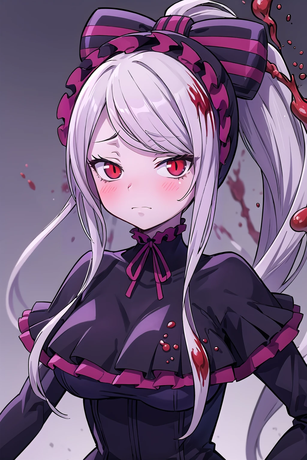 shalltear_Purple_bonnet_Purple_capelet_Purple_corset_Purple_skirt, shalltearbloodfallen, looking_at_viewer, large_breasts, solo, blush, ponytail, long_hair, closed_mouth, sad, tsurime, vampire, red_purple_striped_hair_bow, red_neck_ribbon, puffy_long_sleeves, frilled_corset, frilled_sleeves, frilled_capelet, blood, blood_splatter, standing, upper_body, simple_background, gradient_background, grey_background, white_background, blurry_background, <lora:Shalltear_Bloodfallen_V2:0.8>