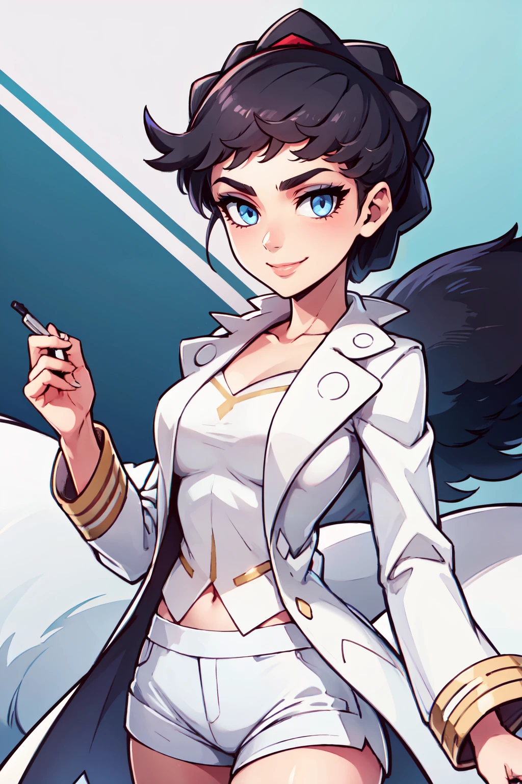 ((masterpiece,best quality)), absurdres,  BREAK, , <lora:Diantha_Pokemon:0.8>, zzDiantha, short hair, blue eyes, black hair, breasts, eyelashes, eyeshadow, bangs, white coat, open coat, white shirt, collarbone, white shorts, , BREAK, hip to the side, contrapposto,, BREAK, solo, smile, looking at viewer, cowboy shot,