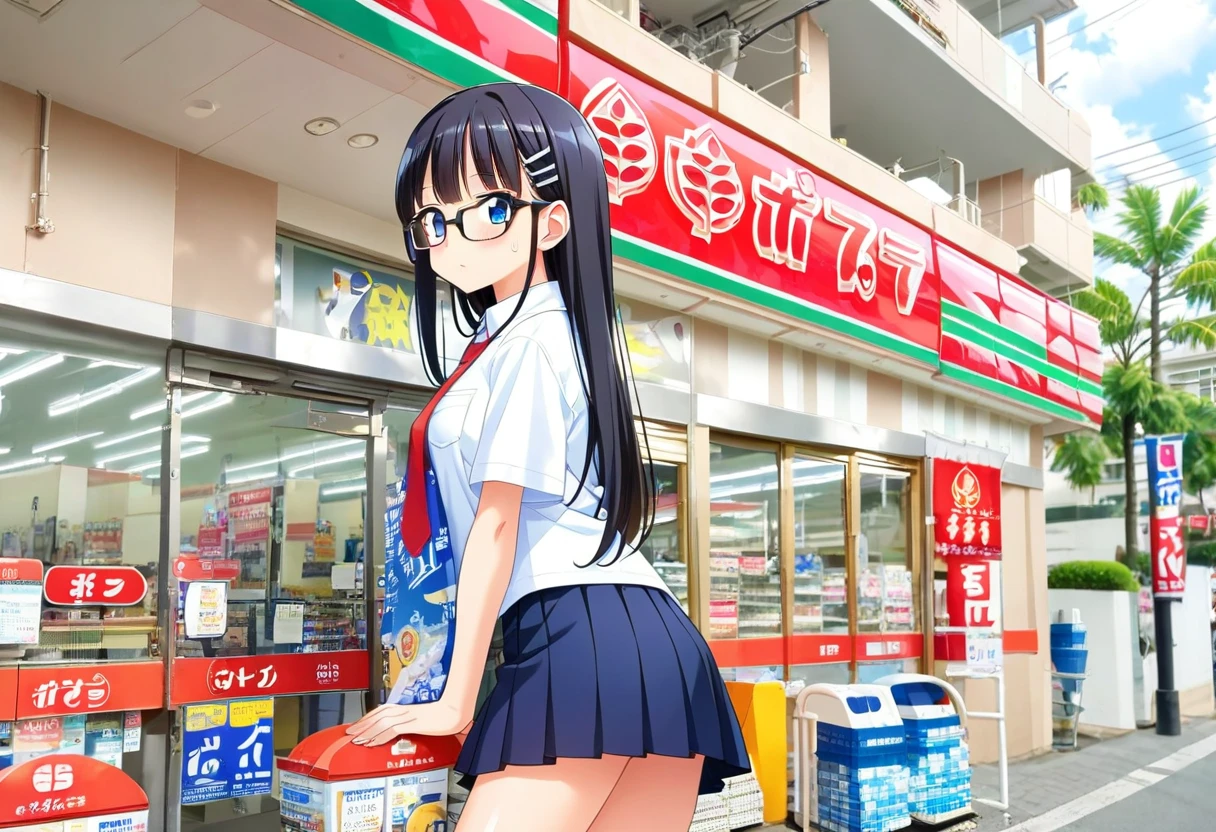 score_9, score_8_up, score_7_up, rating_safe, masterpiece, best quality, absurdres, unity 8k wallpaper, official art, official style, source_anime, uncensored, game cg, megami magazine,
1girl, solo, glasses, black hair, long hair, blue eyes, collared shirt, red necktie, pleated skirt, blue skirt, looking at viewer, blush, 
popura, konbini, scenery, storefront, japan, scenery, outdoors, power lines, utility pole, street, car, convenience store, building, shop, sky, tree, sign, lamppost
<lora:popura_storefront_PONY_V1:1>