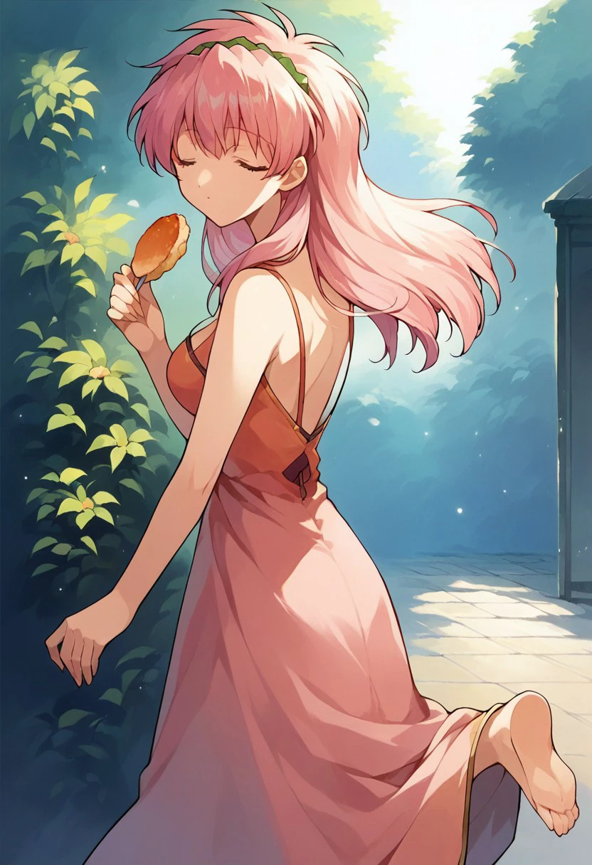 score_9, score_8_up, score_7_up, source_anime, milfeullesakuraba, solo, food, barefoot, looking back, dress, closed eyes, upper body, cleavage, outdoors