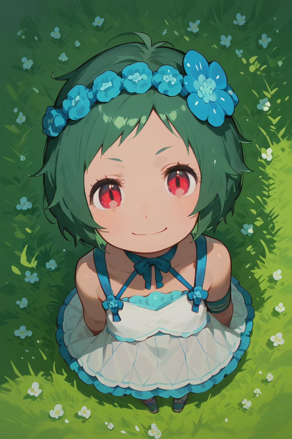 green hair, short hair, red eyes, typhon, smile, lay in grass, from above, arms out <lora:Typhon_Rezero:1>, (score_9,score_8_up,score_7_up)