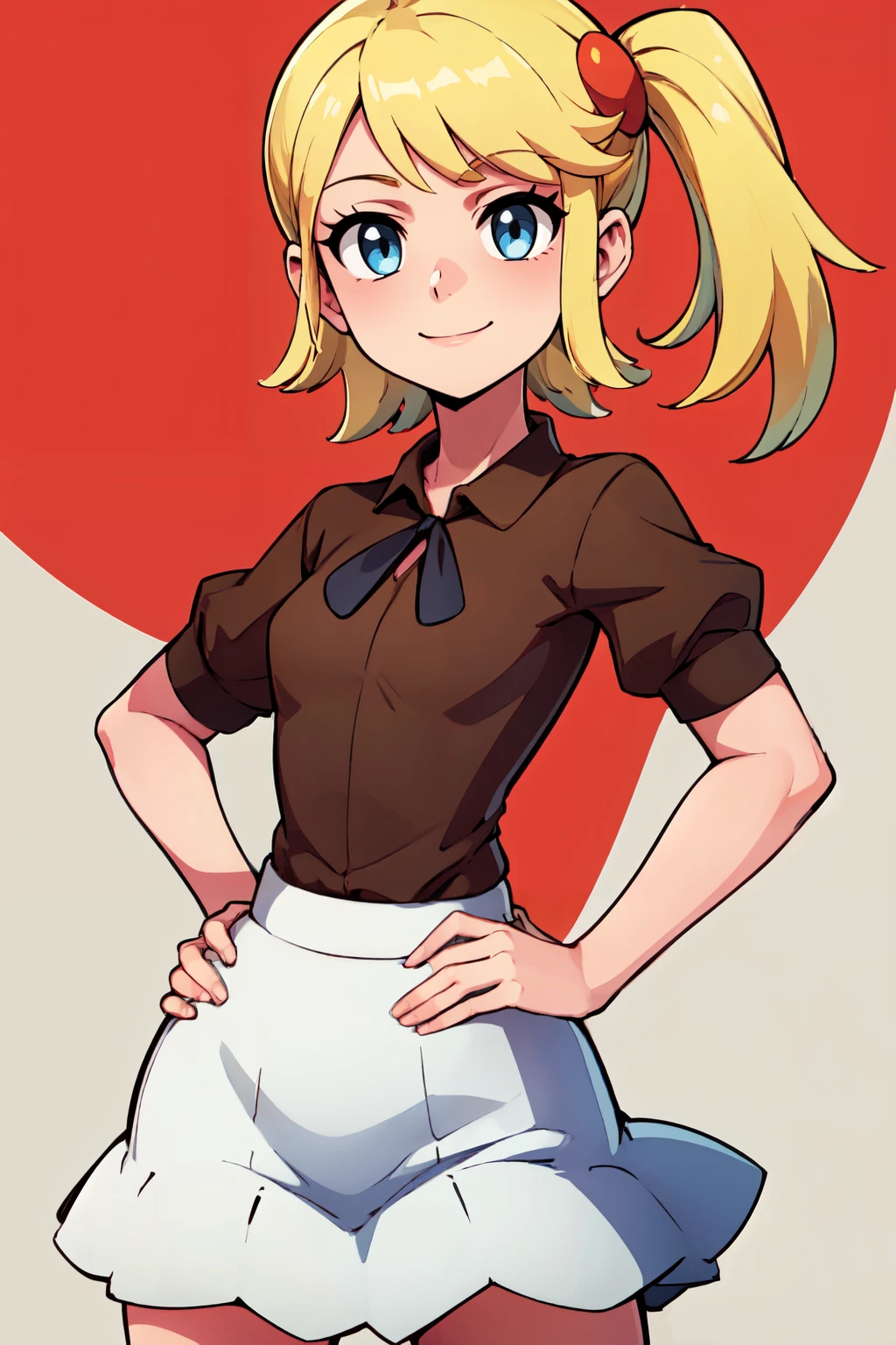 ((masterpiece,best quality)), absurdres,  BREAK, , <lora:Bonnie_Pokemon:0.8>, zzBonnie, blonde hair, blue eyes, short hair, side ponytail, brown shirt, white skirt, , BREAK, hip to the side, hand on hip, contrapposto,, BREAK, solo, smile, looking at viewer, cowboy shot,