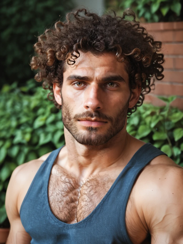 score_9, score_8_up,score_7_up, score_6_up, score_5_up, score_4_up, hyperrealistic, close up face, Atay, man standing in garden, hairy body, curly hair,hairy, grey-brown-eyes, sunny day, jeans, tank-top, masterpiece, best quality, athletic,   <lora:TrSerkan-Atay-Pony-V2:0.7>