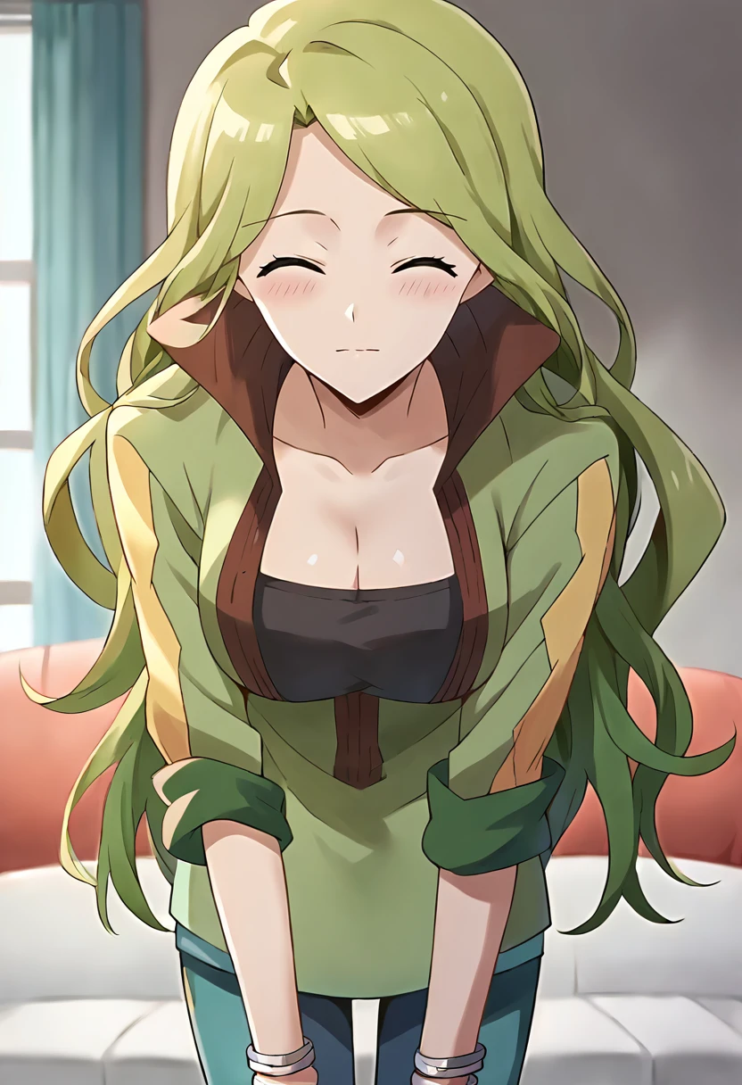 score_9, score_8_up, score_7_up, masterpiece, source_anime, 1girl, ct_mar1e, green hair, green jacket, sleeves rolled up, blue pants, bracelet, looking at viewer, indoors, cowboy shot, eyes closed, happy, cleavage, leaning forward, collarbone, blush, shiny skin,  <lora:Marielle_LogHorizon_Pony_ct_ver3:0.9>