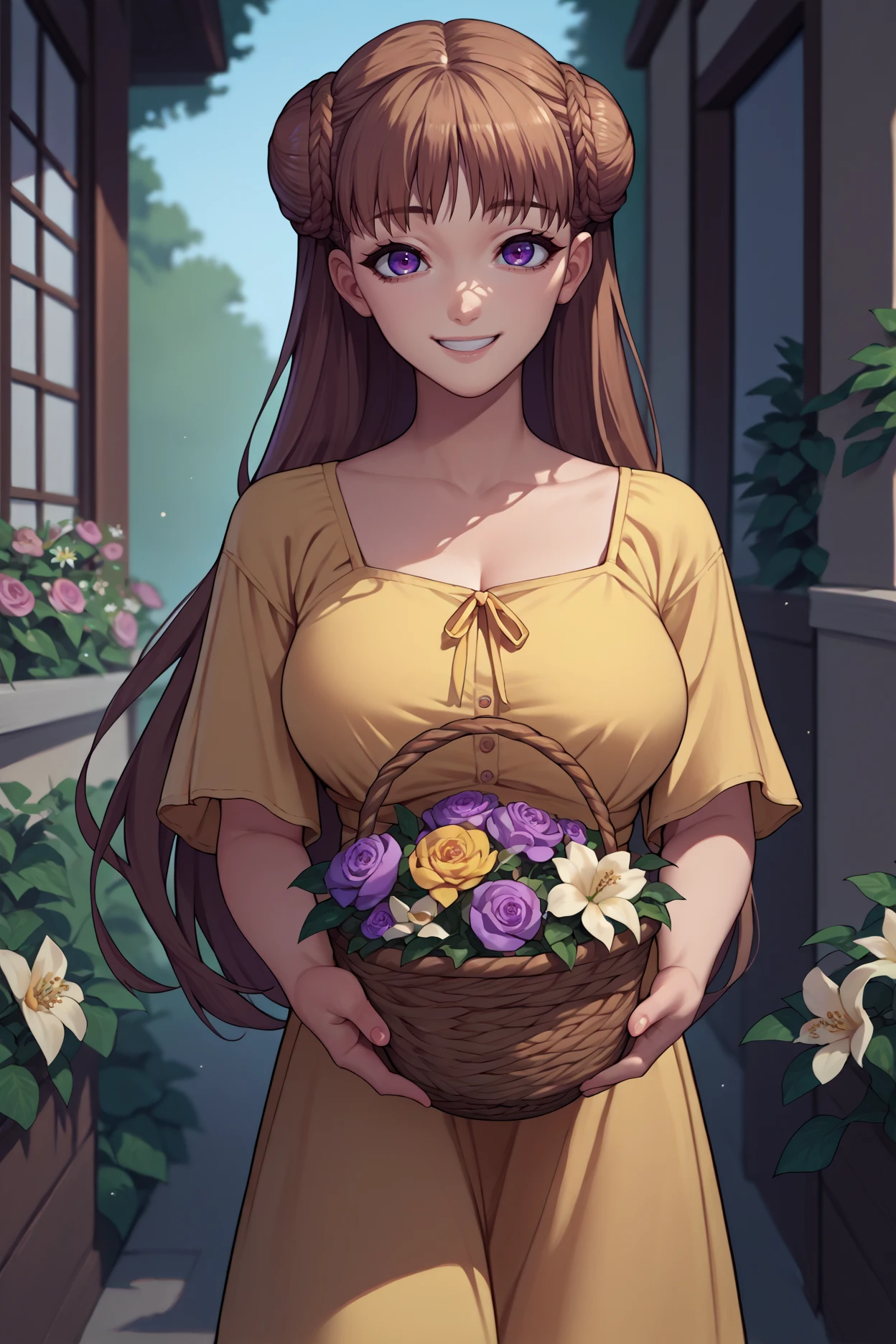 score_9, score_8_up, score_7_up, score_6_up, source_anime, 1girl, solo,  <lora:noelma-pdxl-nvwls-v1-000005:1> noelma, brown hair, long hair, purple eyes, double bun, yellow sundress, looking at you, big breasts, holding basket of flowers, smile