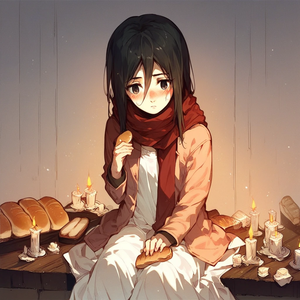 score_9, score_8_up, score_7_up, score_6_up, Mikasa Ackerman, Attack-On-Titan, 1girl,  solo, long hair, blush, black hair, dress, sitting, jacket, food, scarf, black eyes, candle, bread, general