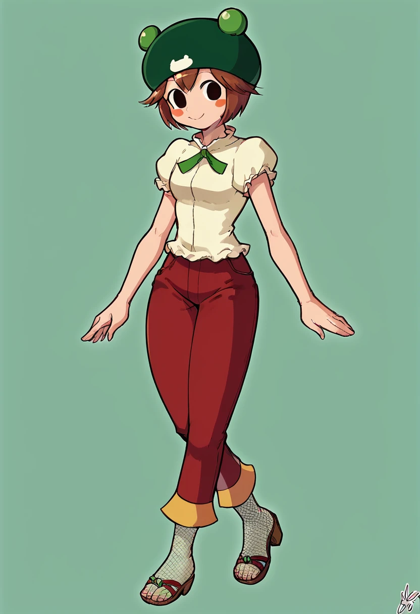 score_9, score_8_up, score_7_up, score_6_up, BREAK, 1girl, solo, ribitta, green headwear, yellow shirt, frills, red pants, green pantyhose, fishnets, sandals, standing, smile, empty eyes, blush stickers<lora:EMS-437157-EMS:1.000000>