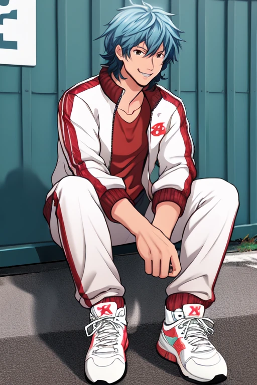 (masterpiece),(best_quality),1boy,Fugen,sitting,sneakers,white track jacket,single vertical stripe,v-neck shirt,white track pants,smile,<lora:Fugen:1>,