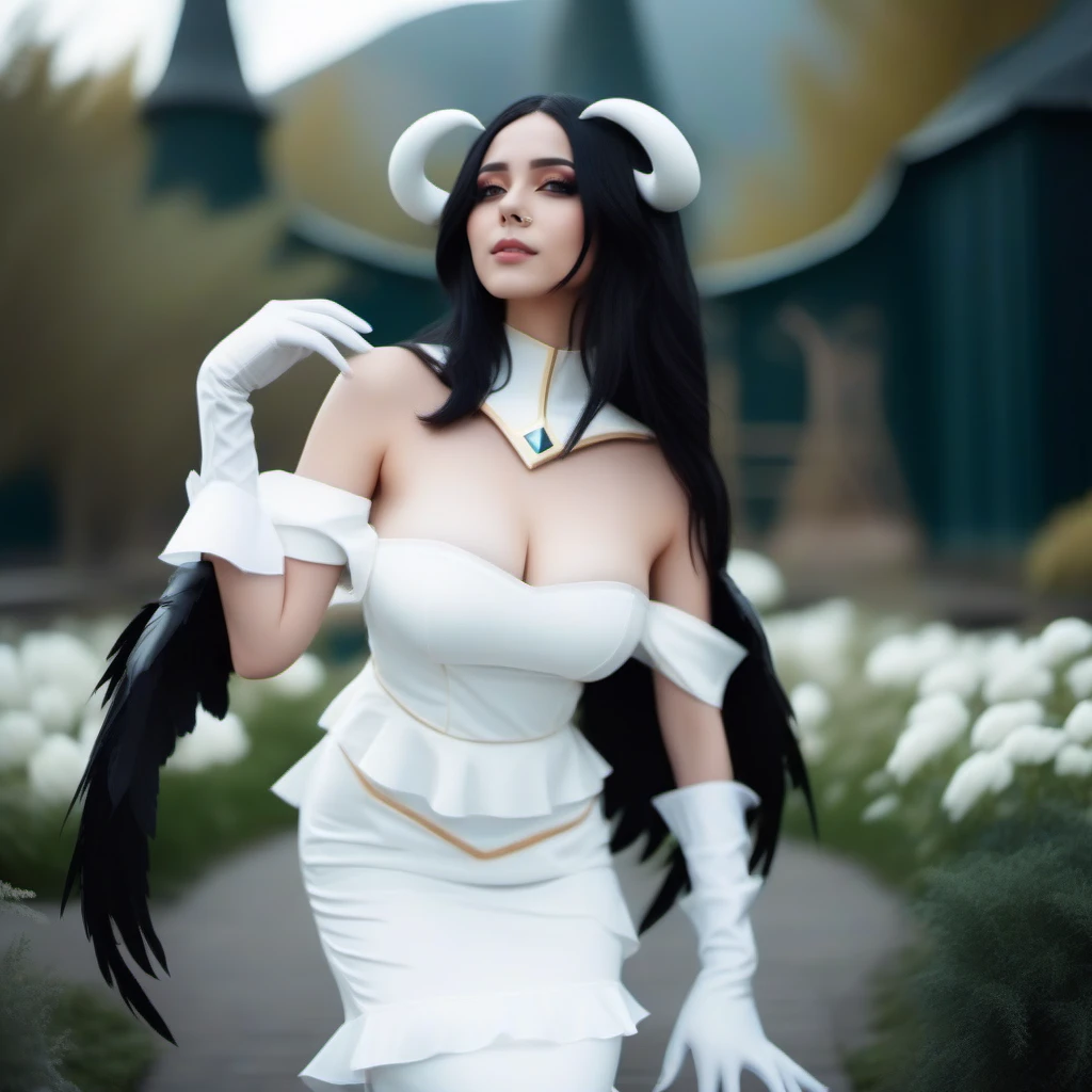 cinematic photo full body portrait of 1girl, breast, horns, black long hair, gloves, black wings, white dress, garden  <lora:Albedo1024:0.8> . 35mm photograph, film, bokeh, professional, 4k, highly detailed