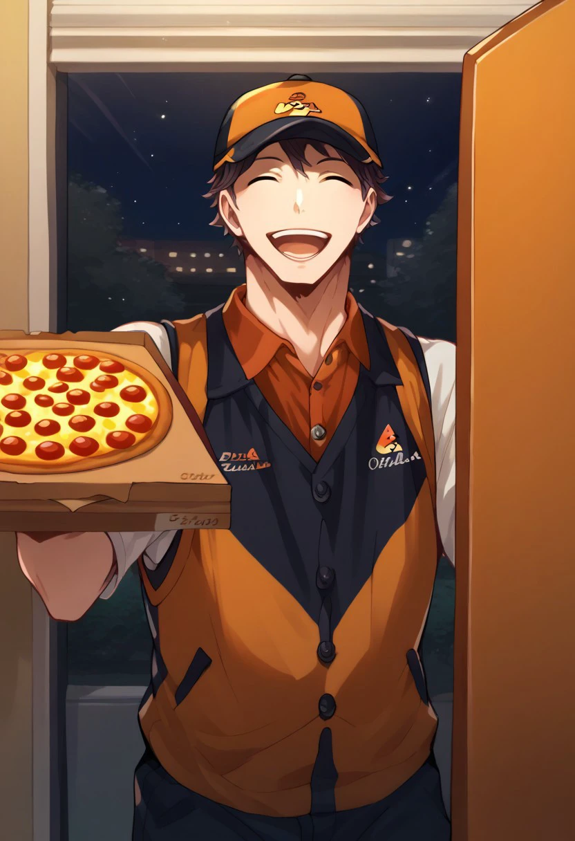 score_9, score_8_up, score_7_up, source_anime, rating_safe, pizza delivery, Oikaikyu, 1boy, male focus, vest, hat, open mouth, smiling, closed eyes, pov, pizza box, employee uniform, happy-cheery, hands with five fingers,