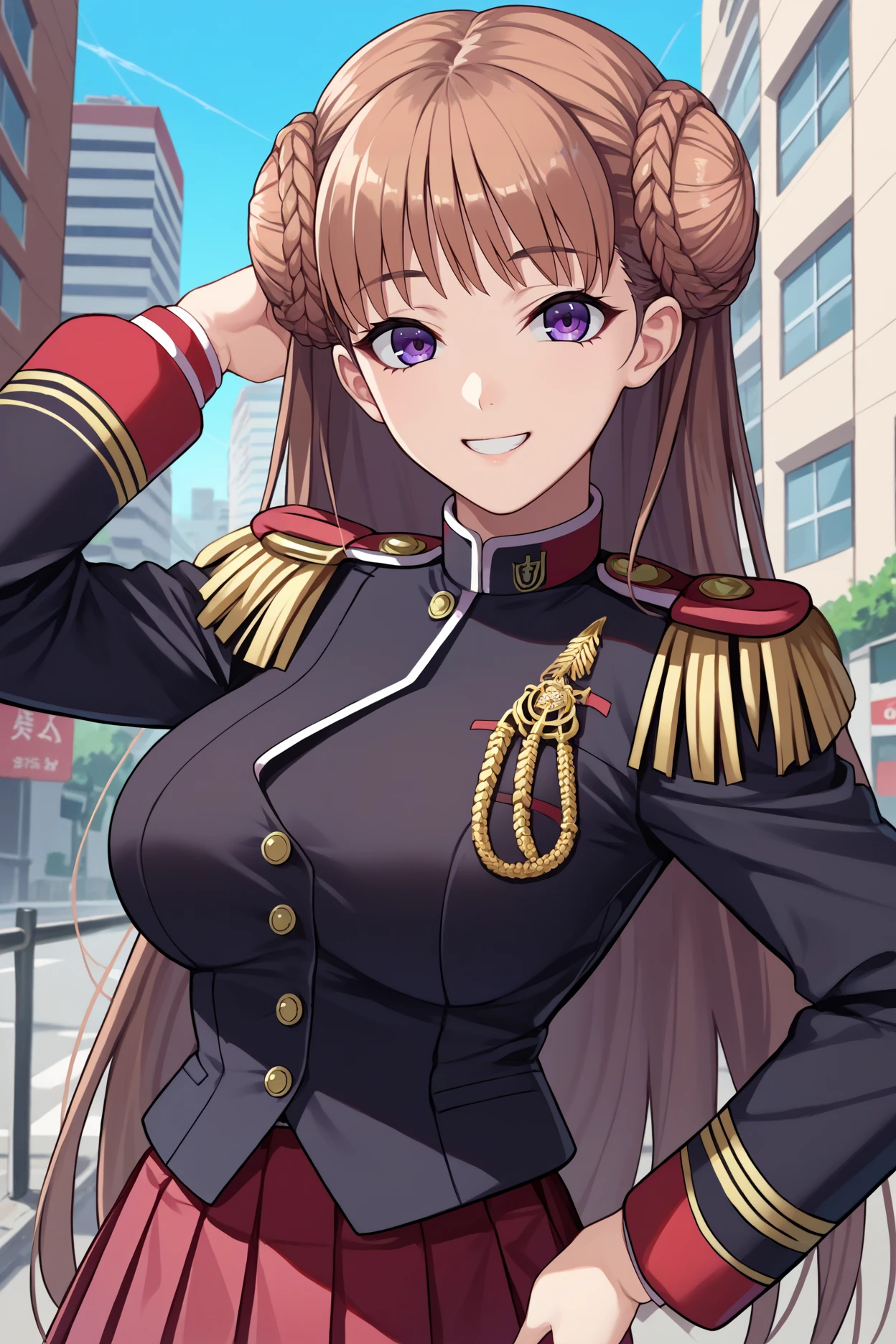 score_9, score_8_up, score_7_up, score_6_up, source_anime, 1girl, solo,  <lora:noelma-pdxl-nvwls-v1-000005:1> noelma, brown hair, purple eyes, double bun, epaulettes, black blazer, red skirt, pleated skirt, white thighhighs, big breasts, smile, looking at you, upper body, city, blue sky, hand on hip