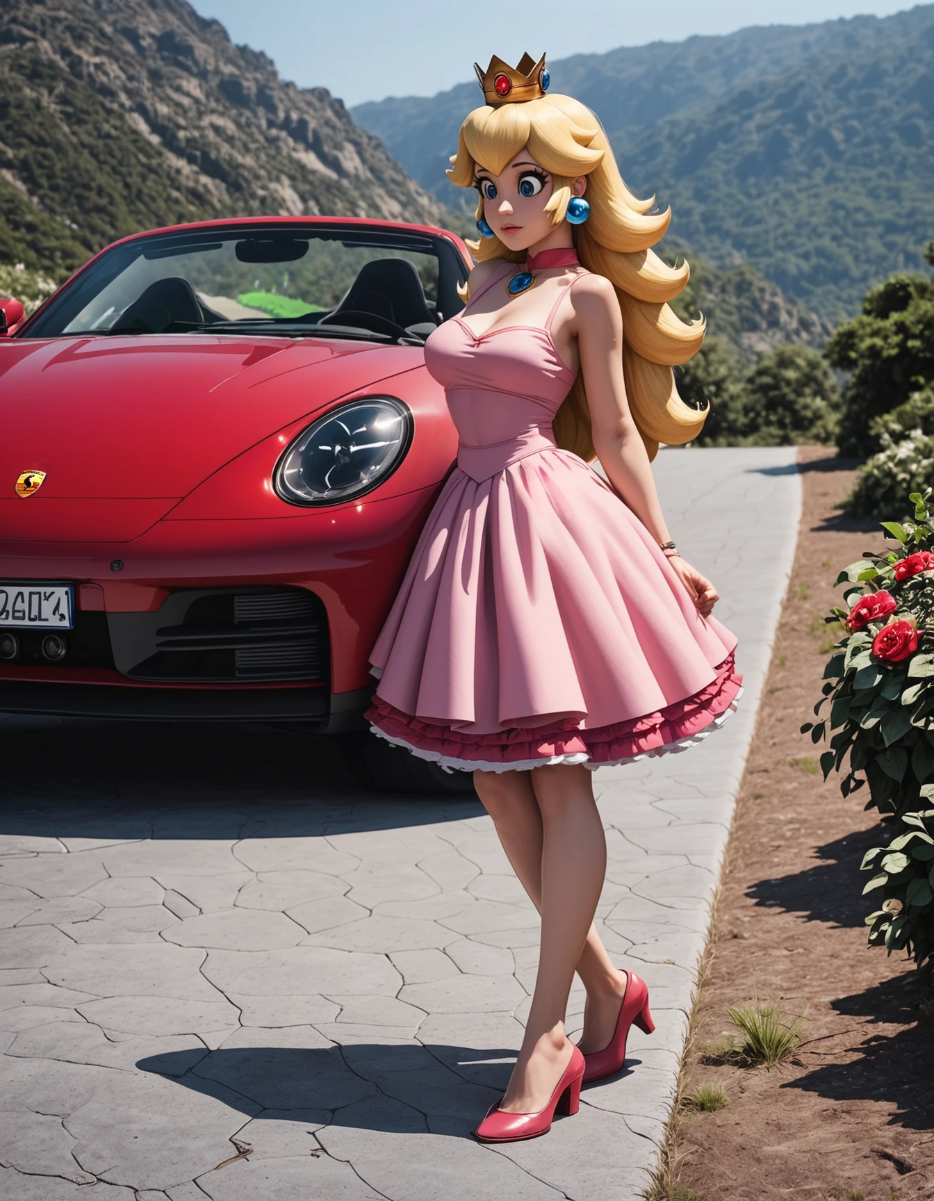 score_9, score_8_up, score_7_up, score_6_up, score_5_up, score_4_up,  
source: illustration,
carrera,close up,car and 1girl,princess peach wearing pink dress, crown, big boobs, blonde hair, standing in front of a red porsche sportscar, at a beach landscape,dynamic pose,award winning, outside, high detail,