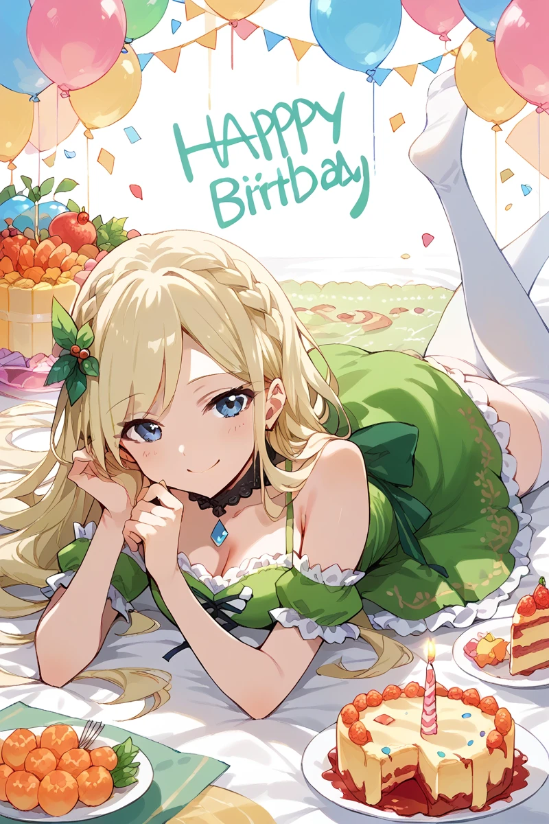 score_9, score_8_up, score_7_up, score_6_up, 1girl,
 <lora:Fumi_Yumeoji:0.9> fumi, blonde hair, long hair, solo, thighhighs, hair ornament, smile, on stomach, lying, food, happy birthday, looking at viewer, white thighhighs, braid, blue eyes, green dress, party,