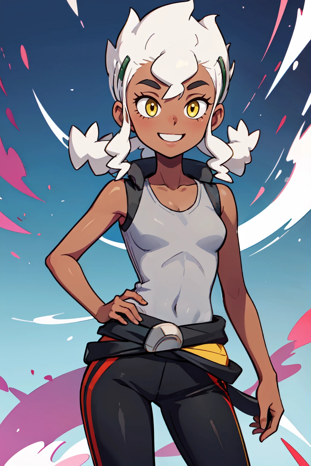 ((masterpiece,best quality)), absurdres,  BREAK, , <lora:Burnet_Pokemon:0.8>, zzBurnet, white hair, dark skin, yellow eyes, long hair, grey shirt, sleeveless, jacket around waist, black pants, , BREAK, hip to the side, contrapposto,, BREAK, solo, smile, looking at viewer, cowboy shot,