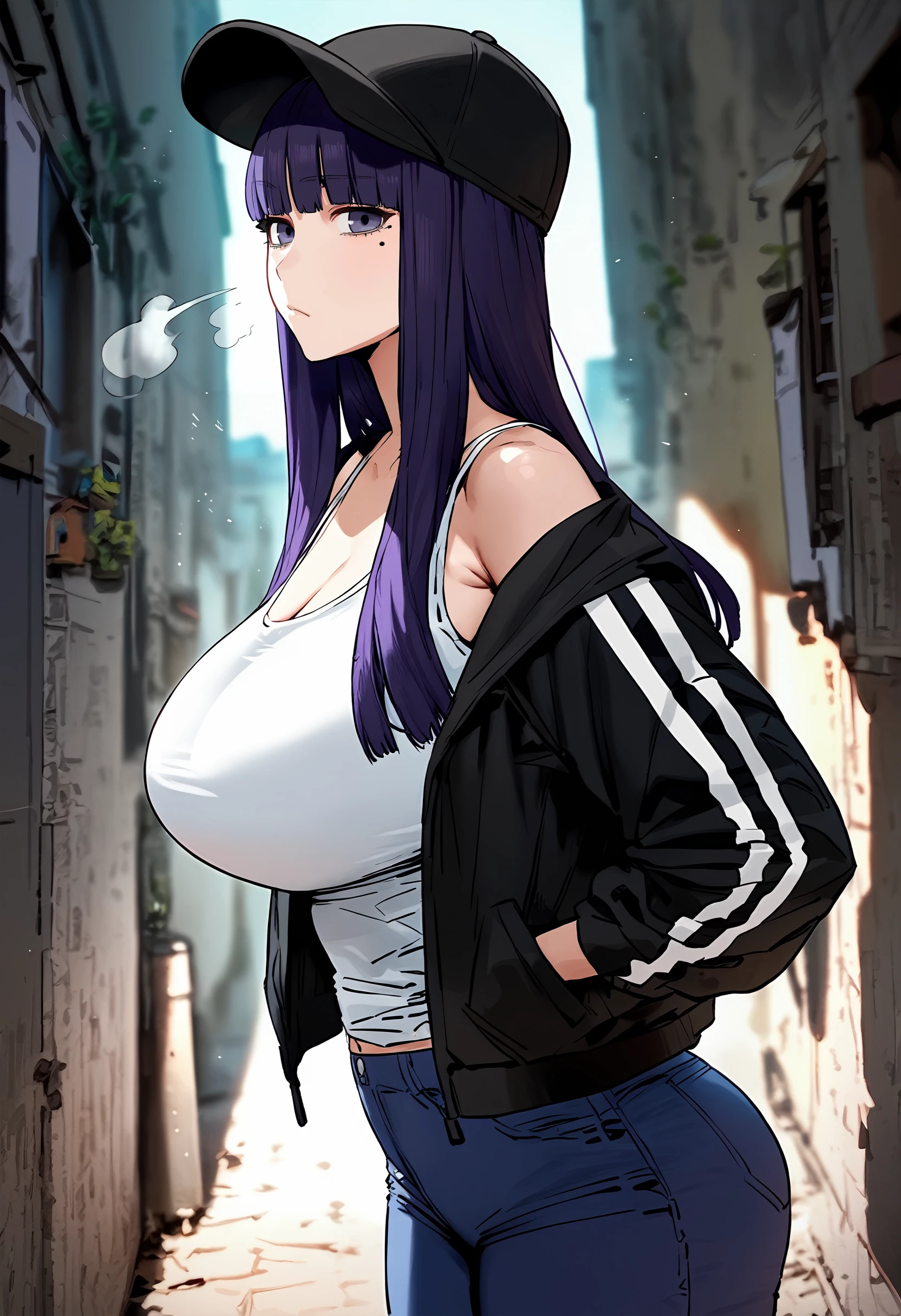 score_9, score_8_up, score_7_up, score_6_up, source_anime, rating_explicit, 1girl, (solo:1.1), huge breasts, <lora:Seong Yunaponyxl:1> long hair, purple hair, blunt bangs, purple eyes, mole under eye, black hair, baseball cap, black cap, black jacket, long sleeves, white tank top, cleavage, jeans, denim, expressionless, Narrow shoulders, heavy breathing, steaming body, alley, outdoors, looking at viewer