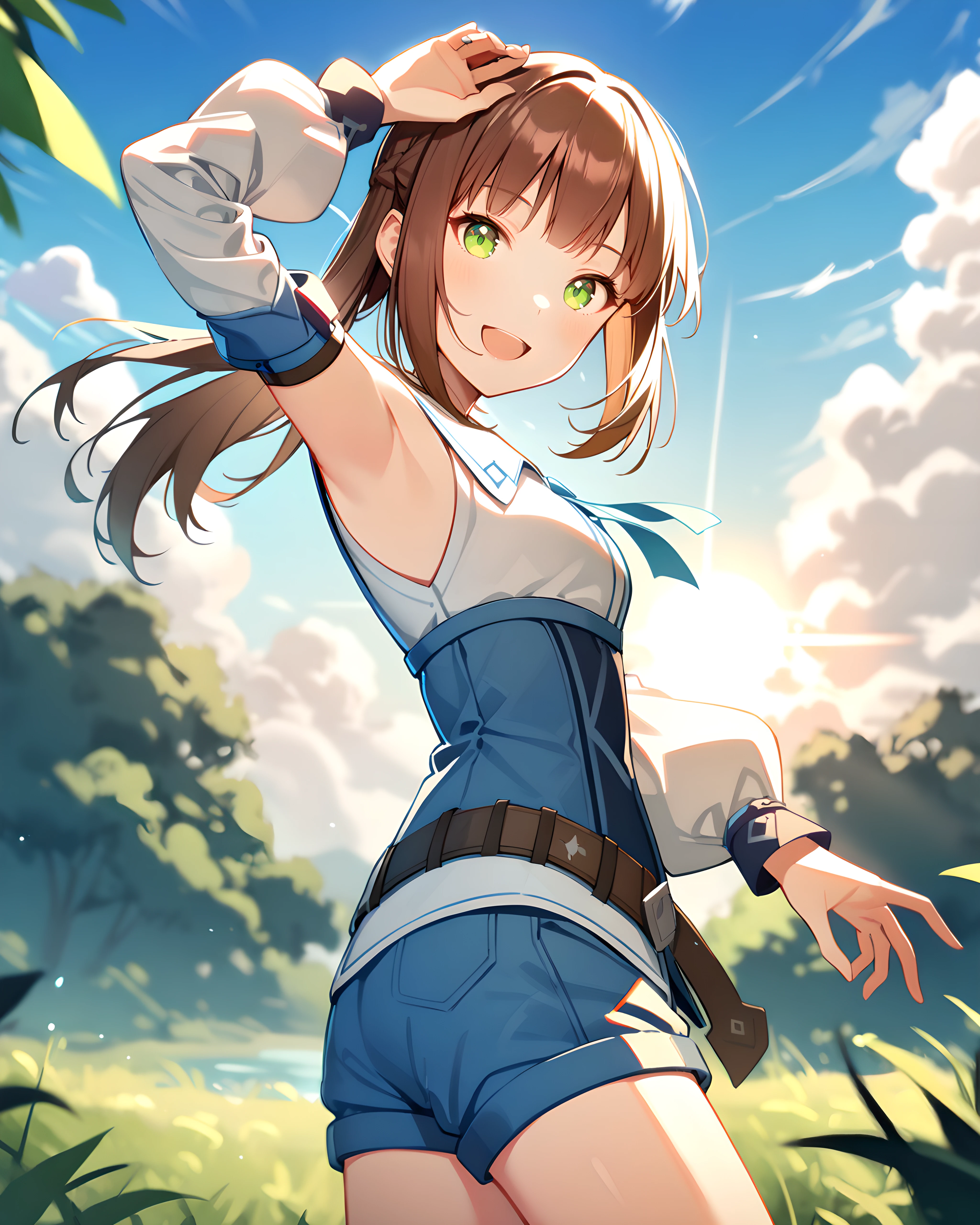 1girl, cowboy shot, standing, from side, looking at viewer, Ellin, brown hair, green eyes, white shirt, detached sleeves, blue shorts, open mouth, smile, arm up, hand on own head, outdoors, nature, cloud, blue sky, sunlight <lora:Ellin:0.6>