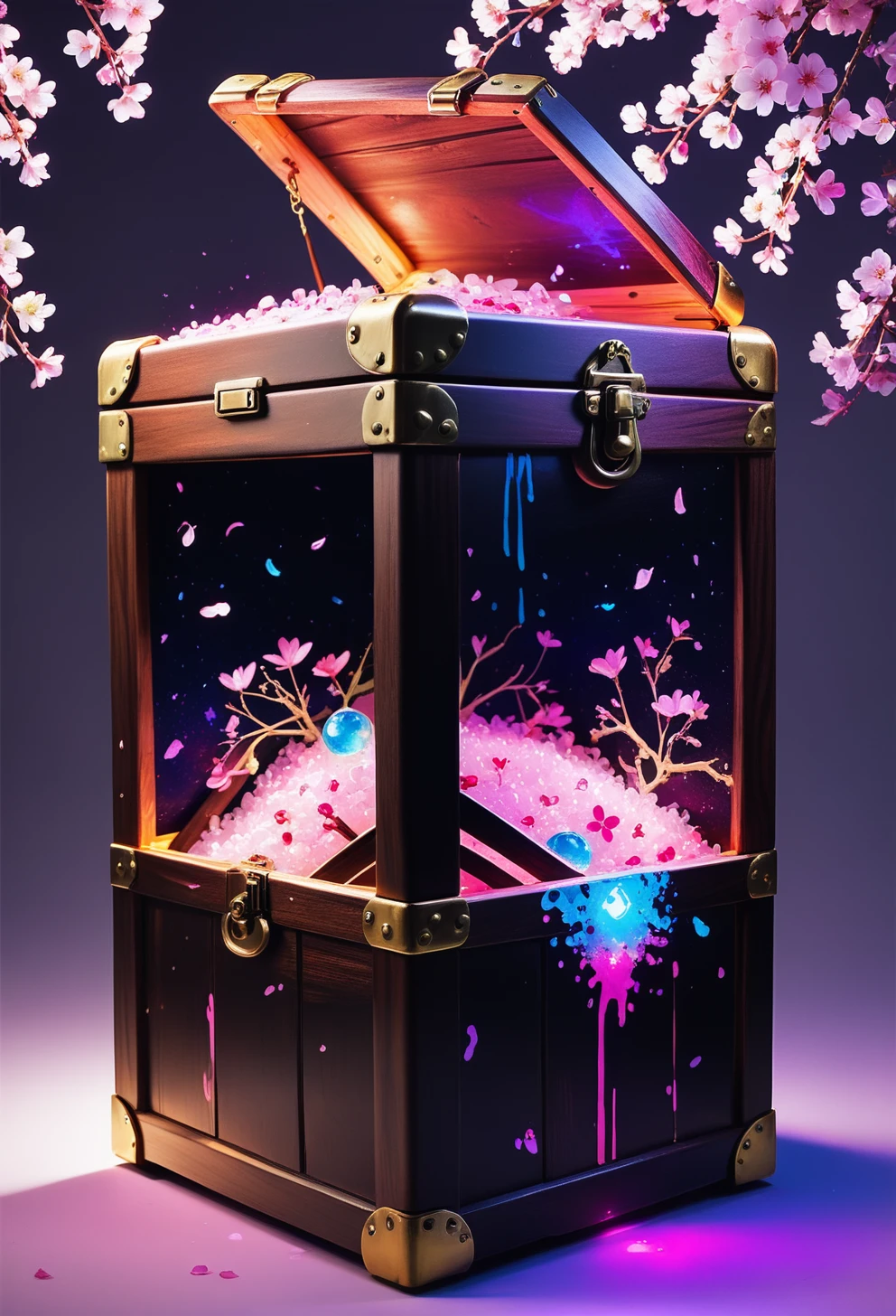 score_9, score_8_up, score_7_up, a treasure chest filled with jewelry and cherry blossoms, in a display case made out of bnysplshpy <lora:ebonysplashPY-000009:1>