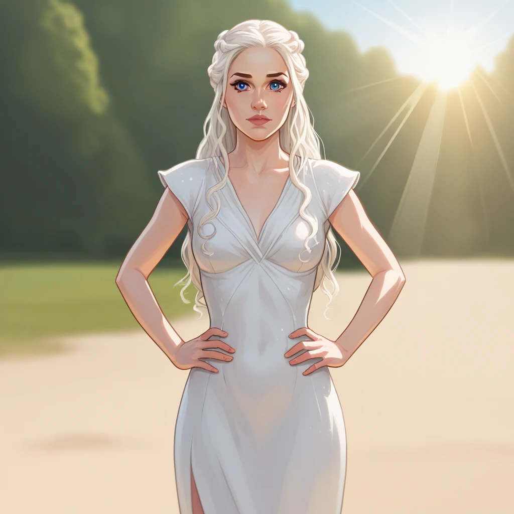 score_9_up, BREAK, DAENERYS, 1girl, solo, white hair, long hair, blue eyes, white dress, cowboy shot, hands on own hips, looking at viewer,  <lora:DaenerysTargaryen_PXL_Leaf1:0.8> , summer, depth of field, light rays,