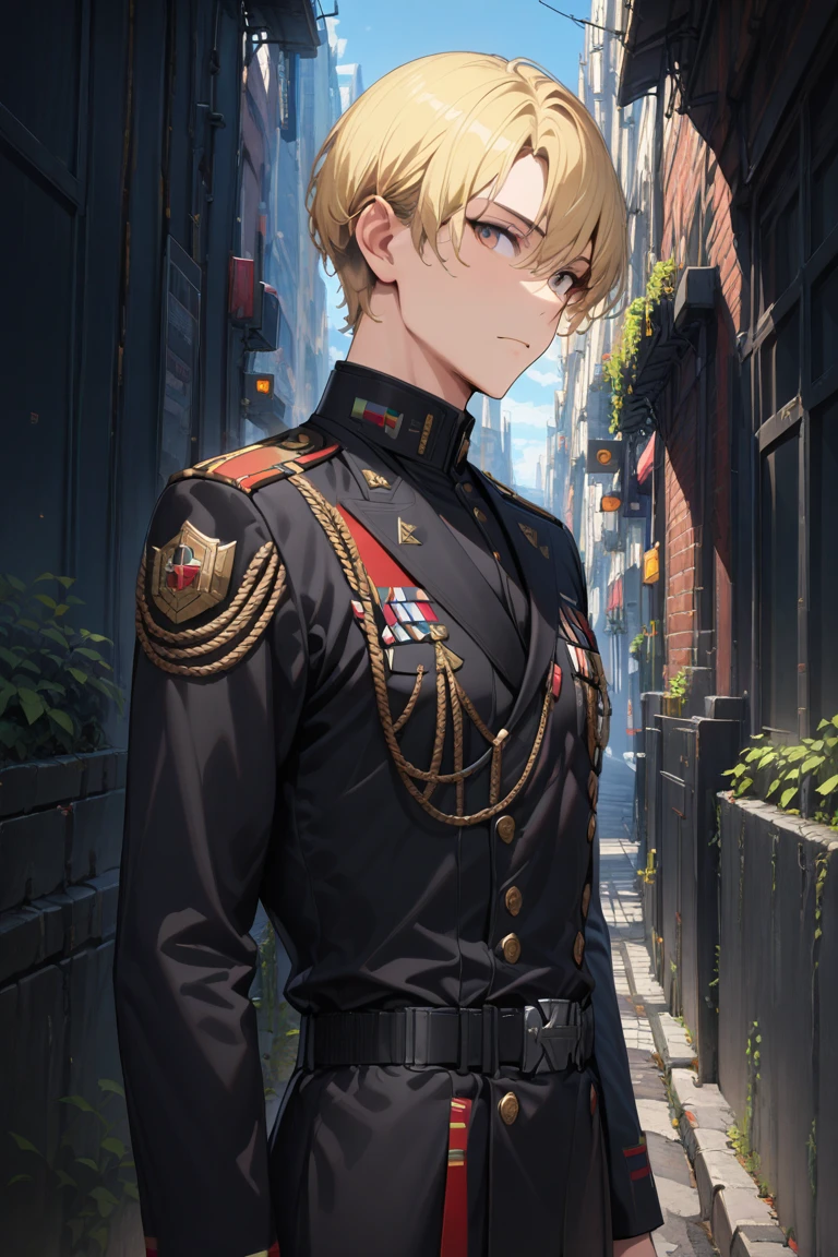 (masterpiece), (high detail),1boy, solo, blond hair,half body, (short hair:0.7) ,( hair between eyes:0.6),  outdoor, from front, good hand,look away, obilonian empire, obilonian empire military uniform, <lora:Obilonian_Empire_Military_Uniform:0.8>,looking at viewer,