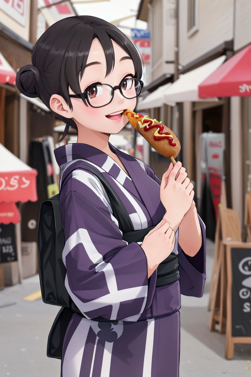 masterpiece, best quality, very aesthetic, absurdres, 
1girl, solo, glasses, black hair, short hair, hair bun, yukata, happy, smile, holding, holding food, food, outdoors, depth of field, blurry background,
american_dog, skewer, ketchup
 <lora:american_dog_SD15_V1:0.8>