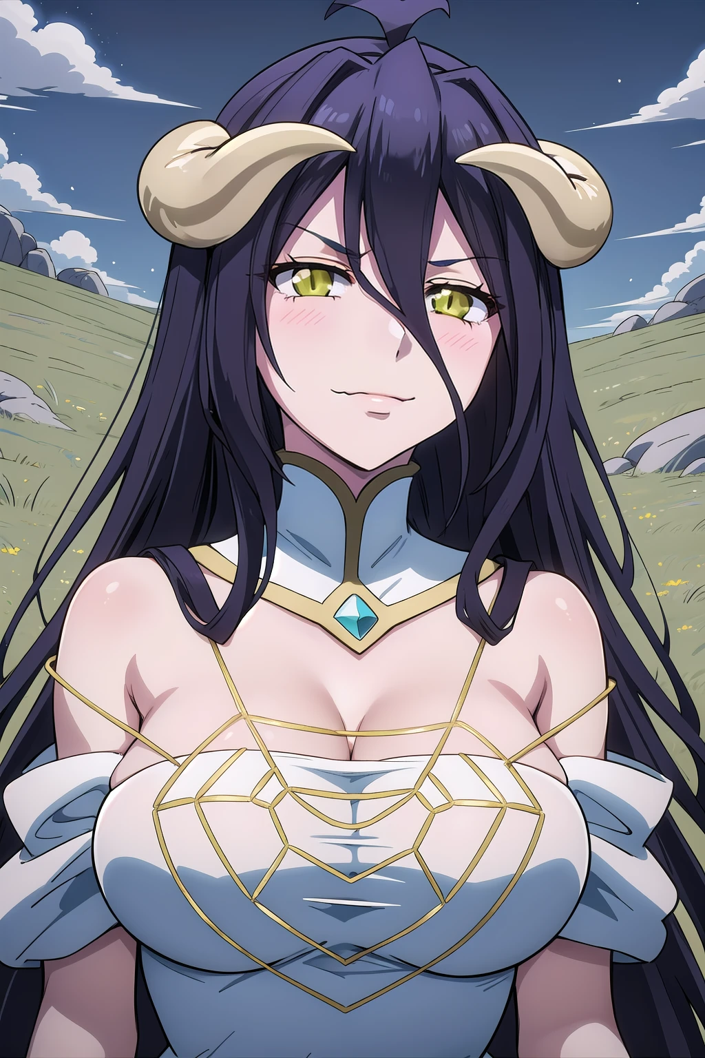 albedo_White_dress_Off-shoulder_dress_Detached_collar, albedoo, solo, large_breasts, looking_at_another, cleavage, demon_horns, frown, closed_mouth, :3, seductive_smile, jewelry, spider_web, gold_silk, upper_body, day, grass, <lora:ALBEDO_V1.5:0.8>