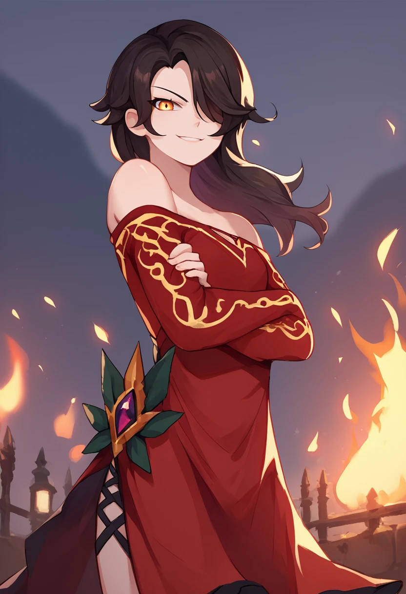 score_9, score_8_up, score_7_up, source_anime, solo, 1girl, cindervale, evil smile, looking at viewer, standing, crossed arms, hair over one eye, red dress, off-shoulder dress, long sleeves, bare shoulders, outdoors, fire <lora:rwby_cinderfall_ponyXL-VALE:1>