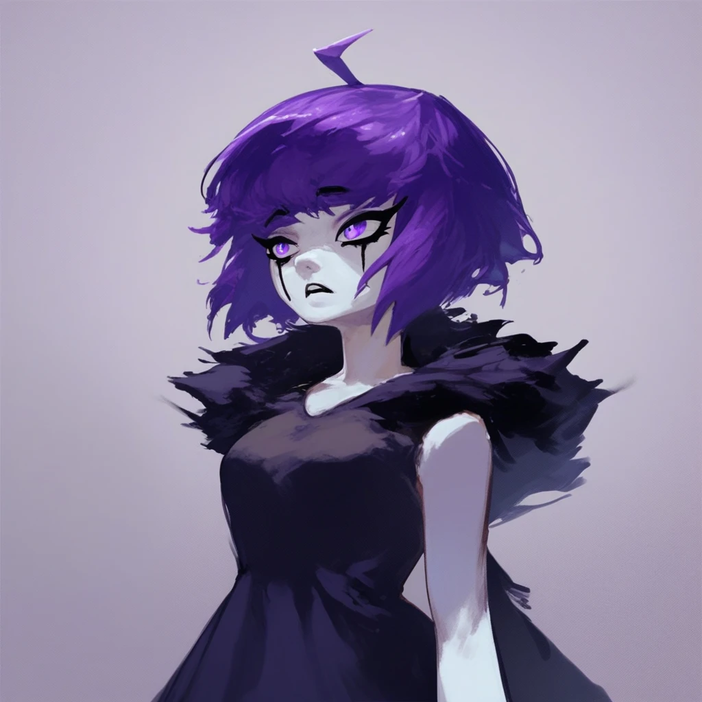 score_9, score_8_up, score_8, eve_the_sorceress, solo, purple hair, 1girl, short hair, colored skin, purple eyes, ahoge, bangs, dress