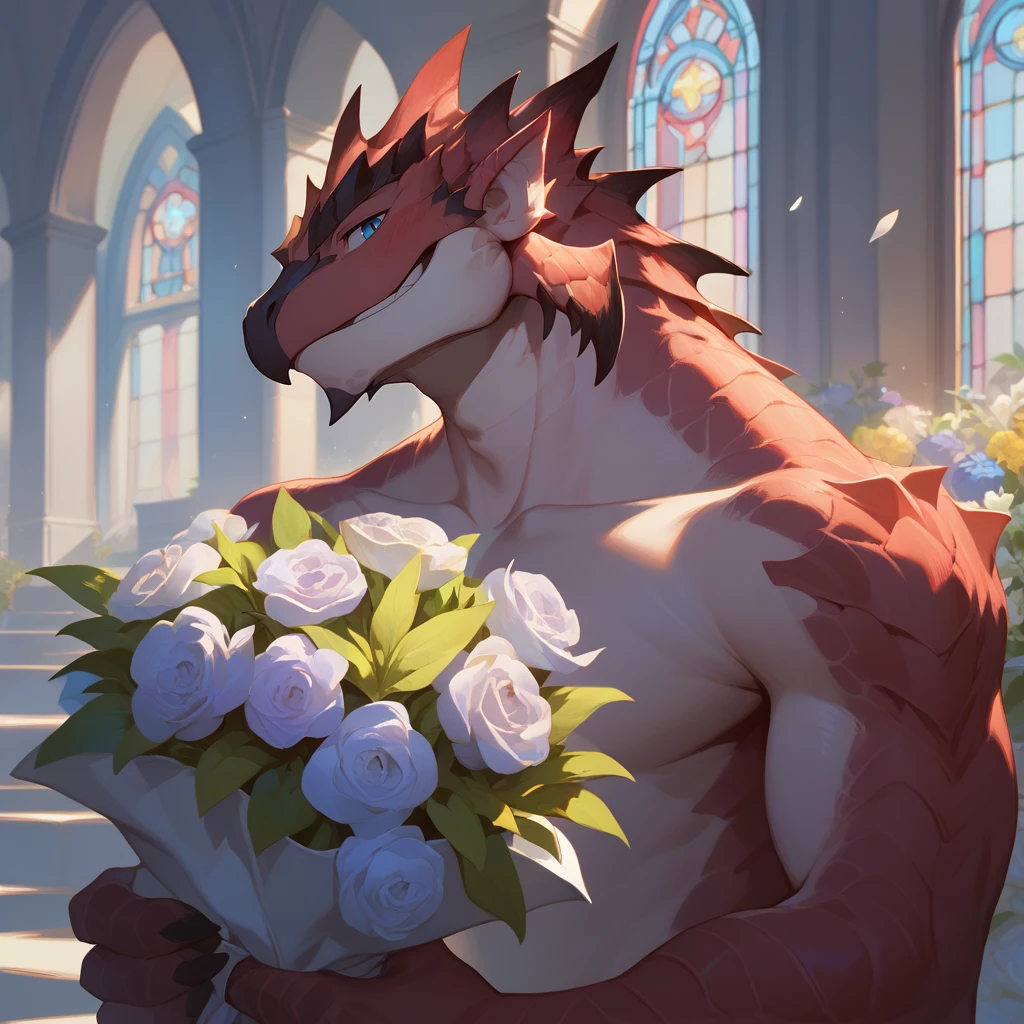 zPDXL,masterpiece,best quality,solo,male,smile,muscular male,collarbone,blush,(looking at viewer:1.1),scales,embracing flowers,(holding flower:1.2),(holding a bouquet of flowers:1.3),(flower:1.3),leaf,church,wedding,detailed flowers,collarbone,
<lora:Rathalos-XL-000002>,red scales,(black beak:0.6),