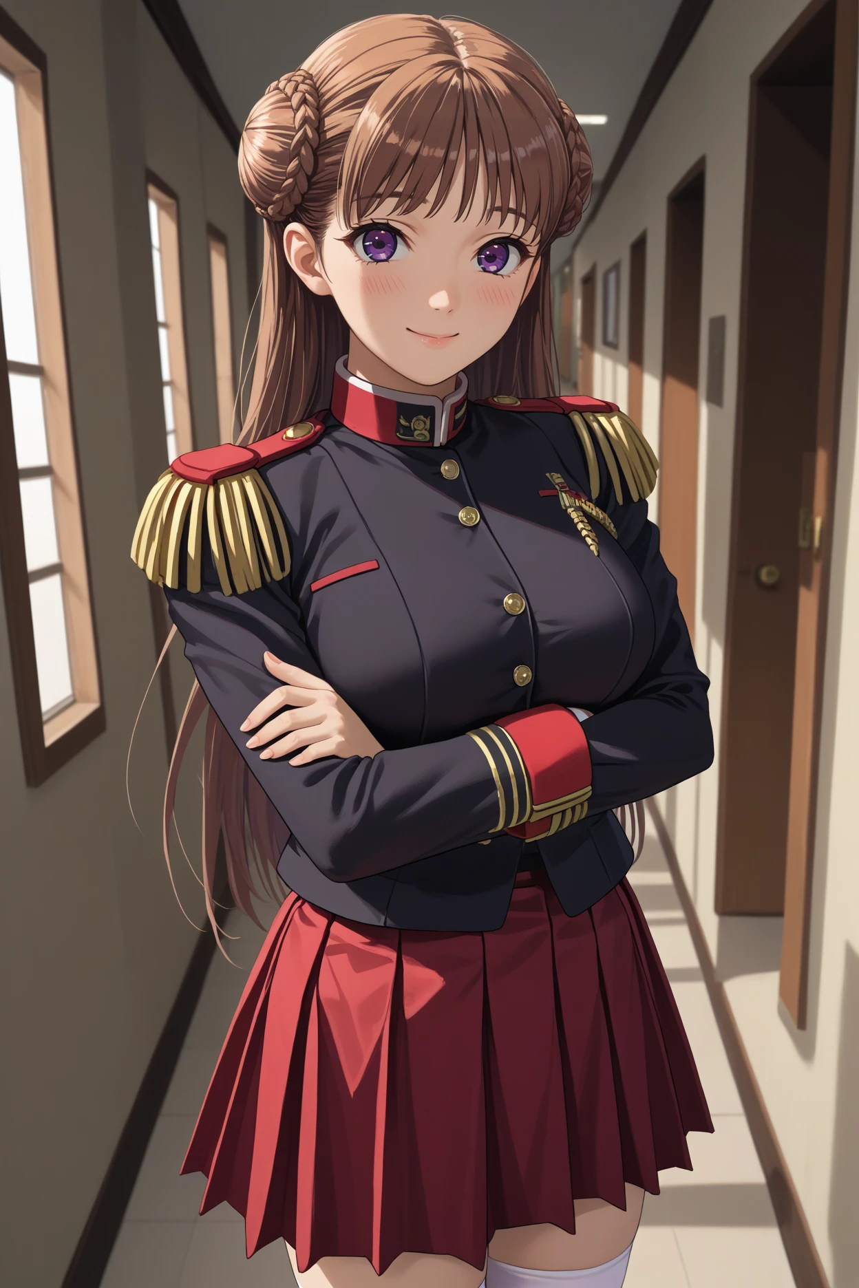 score_9, score_8_up, score_7_up, score_6_up, source_anime, 1girl, solo,  <lora:noelma-pdxl-nvwls-v1-000005:1> noelma, brown hair, purple eyes, double bun, epaulettes, black blazer, red skirt, pleated skirt, white thighhighs, big breasts, crossed arms, smile, hallway, blush, looking at you