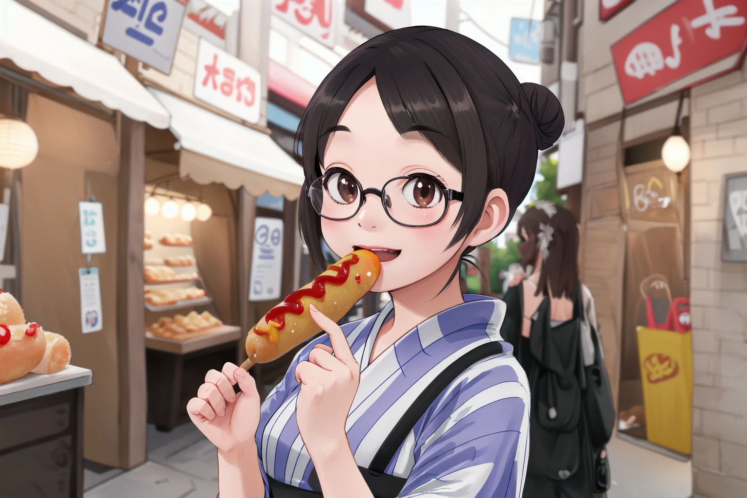 masterpiece, best quality, very aesthetic, absurdres,
1girl, solo, glasses, black hair, short hair, hair bun, yukata, happy, smile, holding, holding food, food, outdoors, depth of field, blurry background,
american_dog, skewer, ketchup
<lora:american_dog_SD15_V1:0.8>