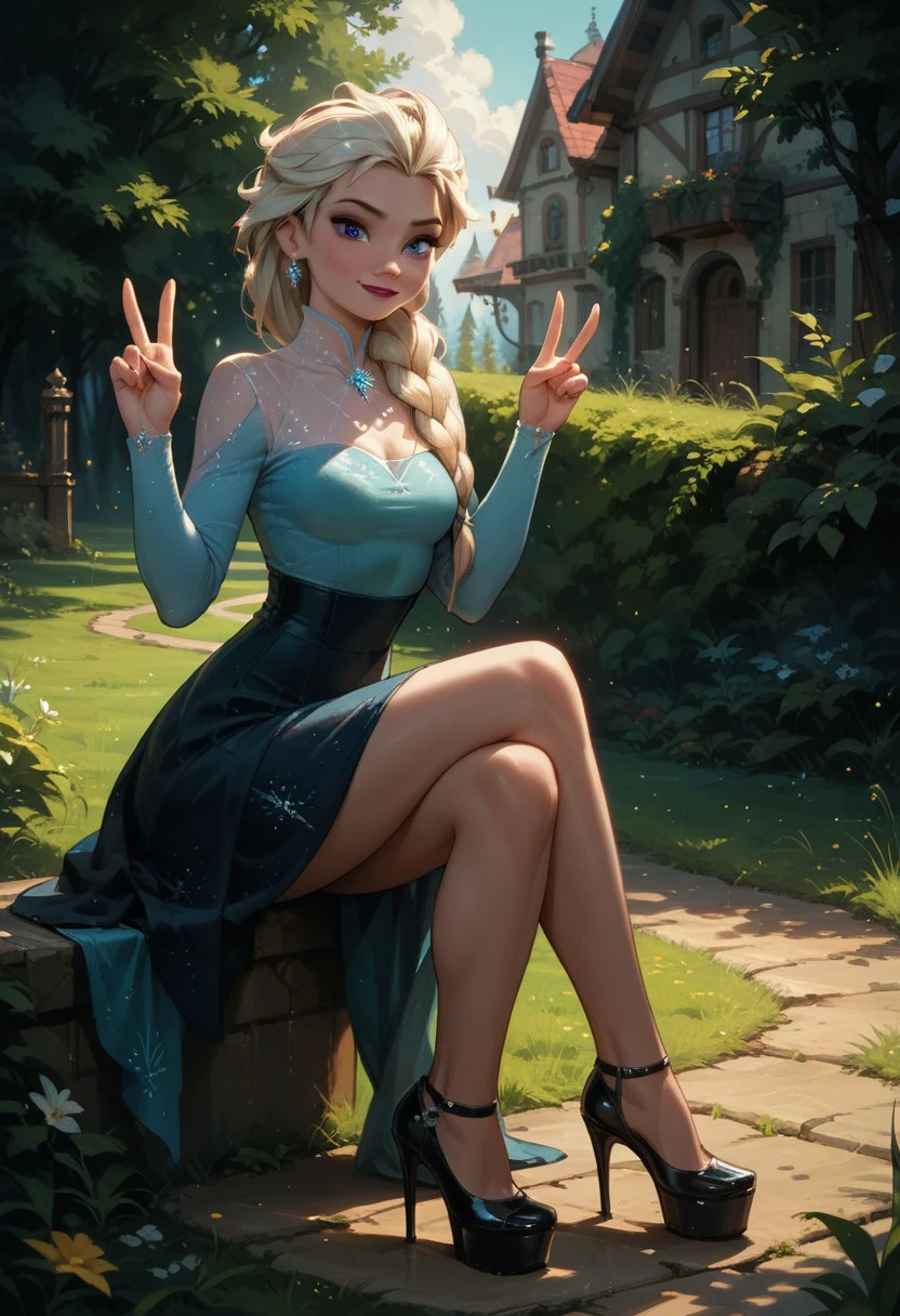 score_9, score_8_up, score_7_up, score_6_up, score_5_up, score_4_up, elsa \(frozen\), high heels, Shoe focus, foreshortening, looking at viewer, double v, outdoors,