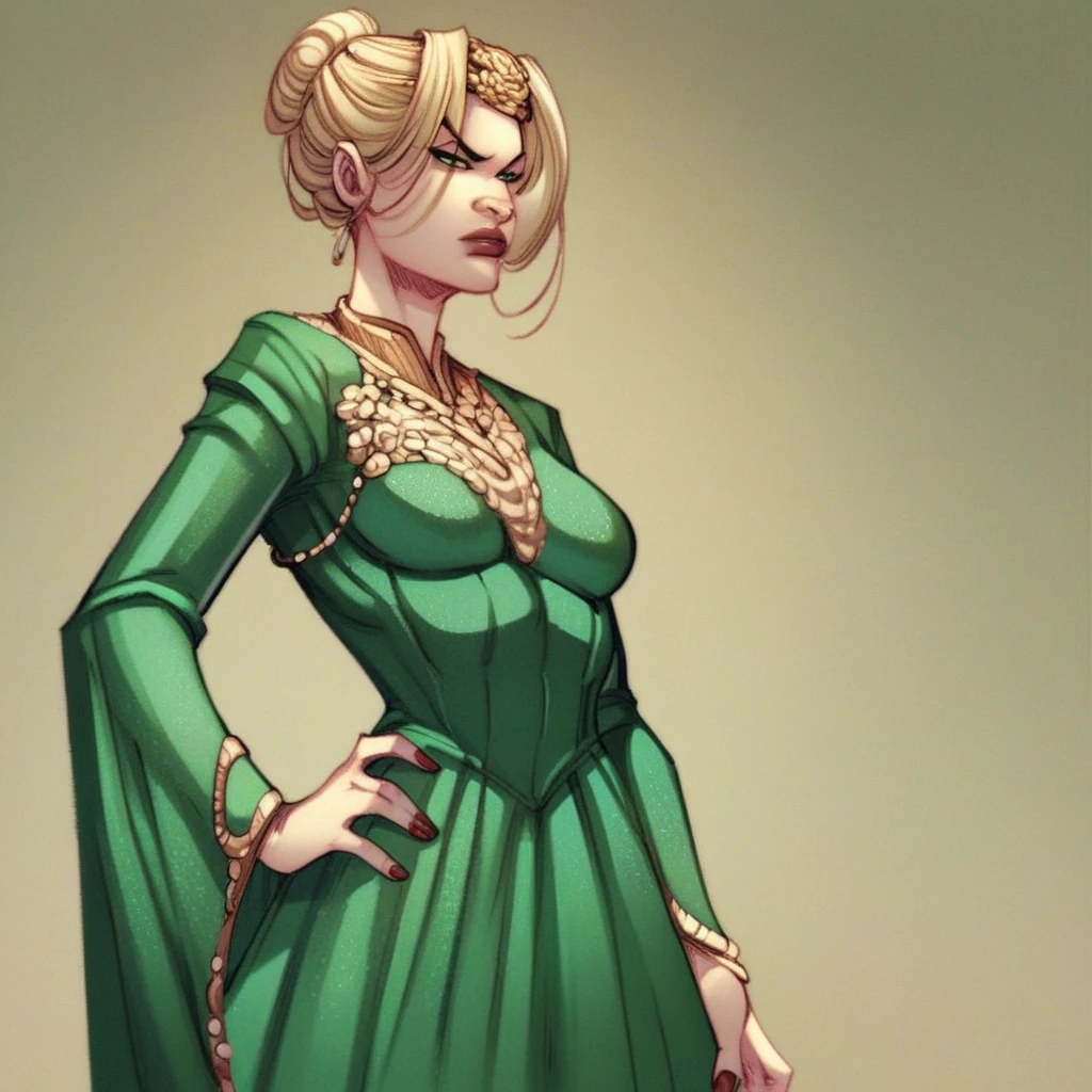 score_9, score_8_up, score_7_up, score_6_up, Cersei-Lannister, GoT-GraphicNovel, 1girl, breasts, blonde hair, dress, jewelry, medium breasts, green eyes, hair bun, nail polish, hand on own hip, single hair bun, green dress, sensitive