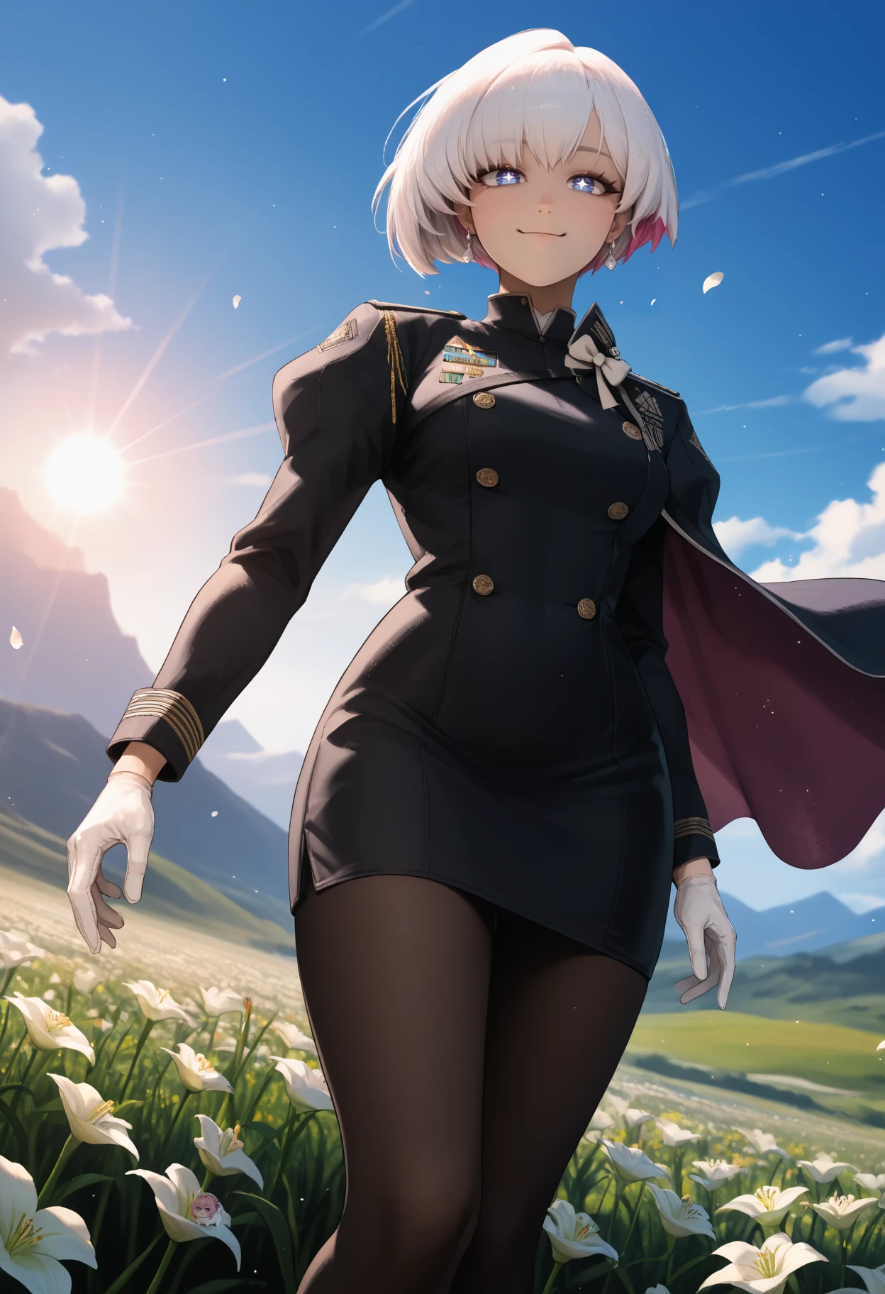 <lora:liliweiss_nikke_xypher_pdxl_v1:0.9> score_9, score_8_up , score_7_up BREAK liliweissx, white hair, short hair, colored inner hair,  blue eyes, symbol-shaped pupils, earrings, military uniform, long sleeves, black dress, pencil skirt, side cape, white bow, black pantyhose, [white gloves:4], wide hips, elegant, soft particles, god rays, smile, closed mouth, flower field, lily \(flower\), petals, dutch angle, wind, from side, from below, lens flare, scenery, landscape