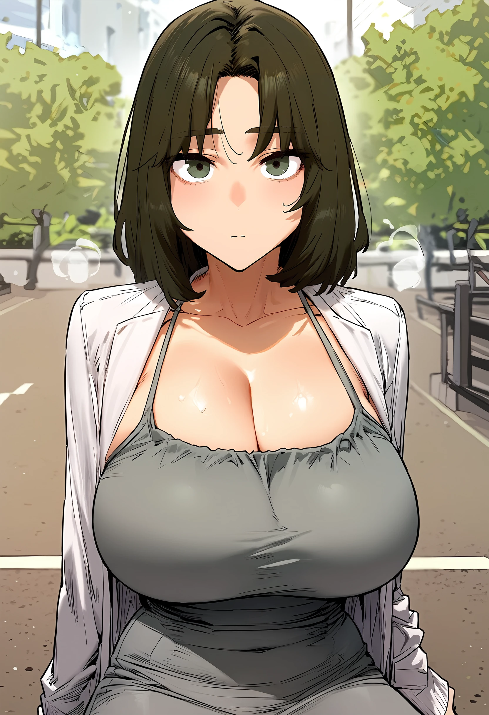 score_9, score_8_up, score_7_up, score_6_up, source_anime, rating_explicit, 1girl, (solo:1.1), huge breasts, <lora:Seo Woo Jinponyxl:1> brown hair, medium hair, black hair, parted bangs, brown eyes, green eyes, white jacket, long sleeves, grey dress, sleeveless dress, collarbone, cleavage, tight dress, open clothes, expressionless, Narrow shoulders, heavy breathing, steaming body, home, park, outdoors, looking at viewer, close-up