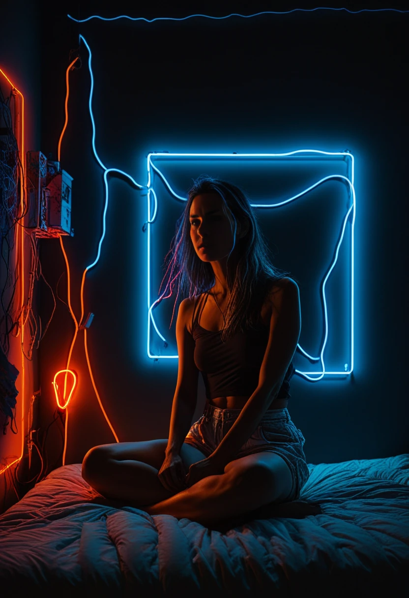 D_Ewir3s , Dark electric neon wires, a girl in her bedroom at night