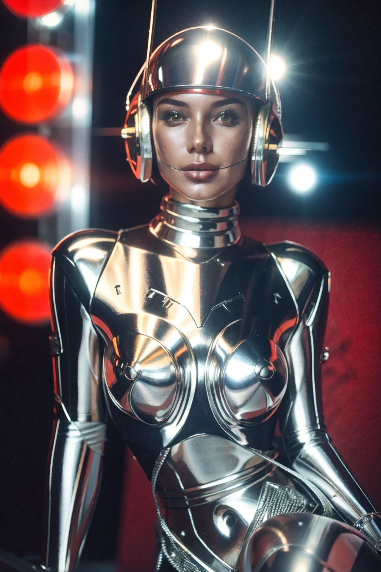 a woman in a silver suit sitting on a red light, hajime sorayama style, polished steel armor, japanese vhs cover art, daft punk, inspired by KanÅ Tan'yÅ«, seductive pose, by Hiromu Arakawa, cgi art, droids
<lora:Hajime_Sorayama_Robot_ArtStyle_640x960:0.65>
<lora:Olesya_Levina_v2_640x960:0.8>