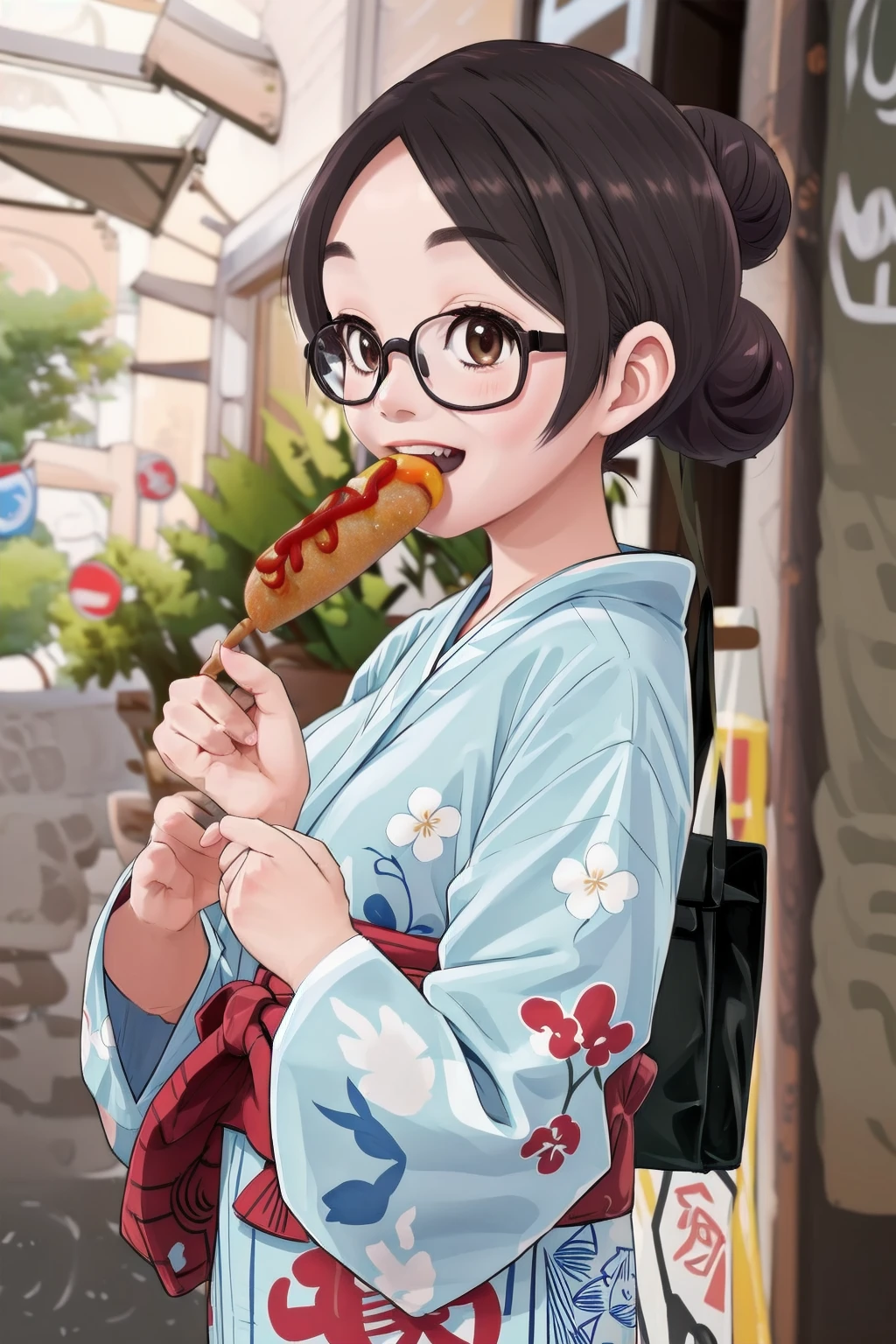 masterpiece, best quality, very aesthetic, absurdres, 
1girl, solo, glasses, black hair, short hair, hair bun, yukata, happy, smile, holding, holding food, food, outdoors, depth of field, blurry background,
american_dog, skewer, ketchup
 <lora:american_dog_SD15_V1:1>