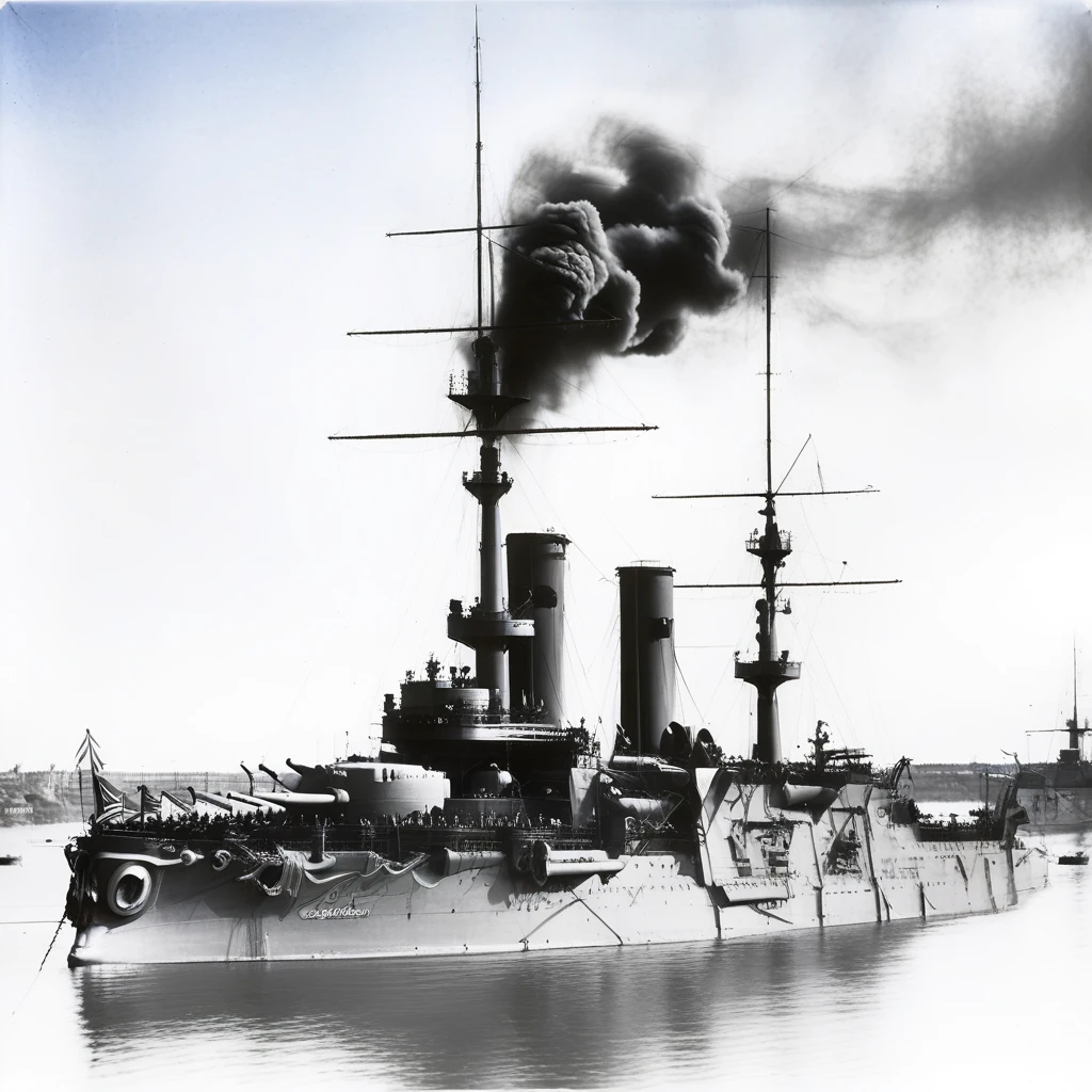 ocean, outdoors, Battleship Orel at bay, Battleship Admiral Ushakov sailing towards the viewer against the bacdrop of a port. Black and White photograph, under blue sky. the ship is painted very dark, Smoke billowing from smoketacks, vehicle focus, Sailors on deck, in light gray. The view is from the right side, signature, battleship dvenadsat apostolov is moored in a bay. the ship is painted in peactime colors, with lighter superstructur, sailing to the viewer with the bow slightly to the left.